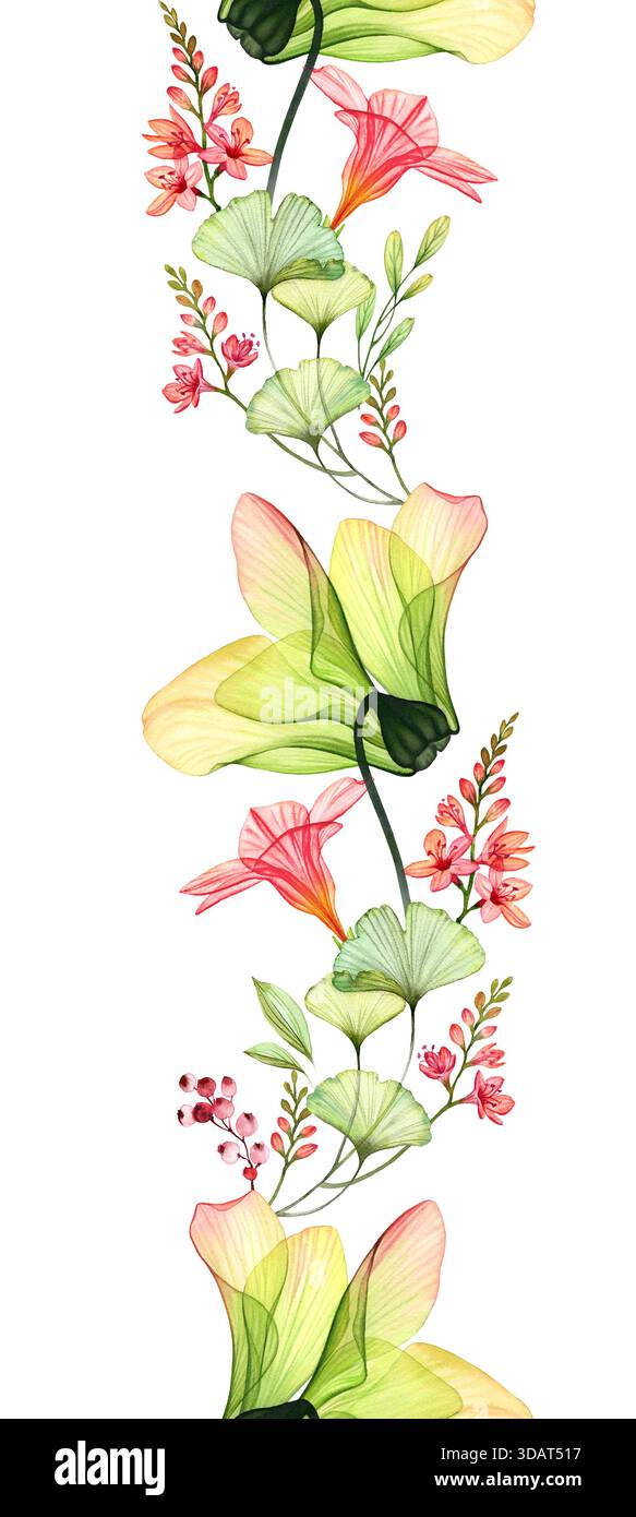 Aquarelldurchsichtige Azaleen mit Freesie, Hibiskus und Blättern. Nahtloser vertikaler Rand isoliert auf weiß. Tropische botanische Blumenillustration Stockfoto