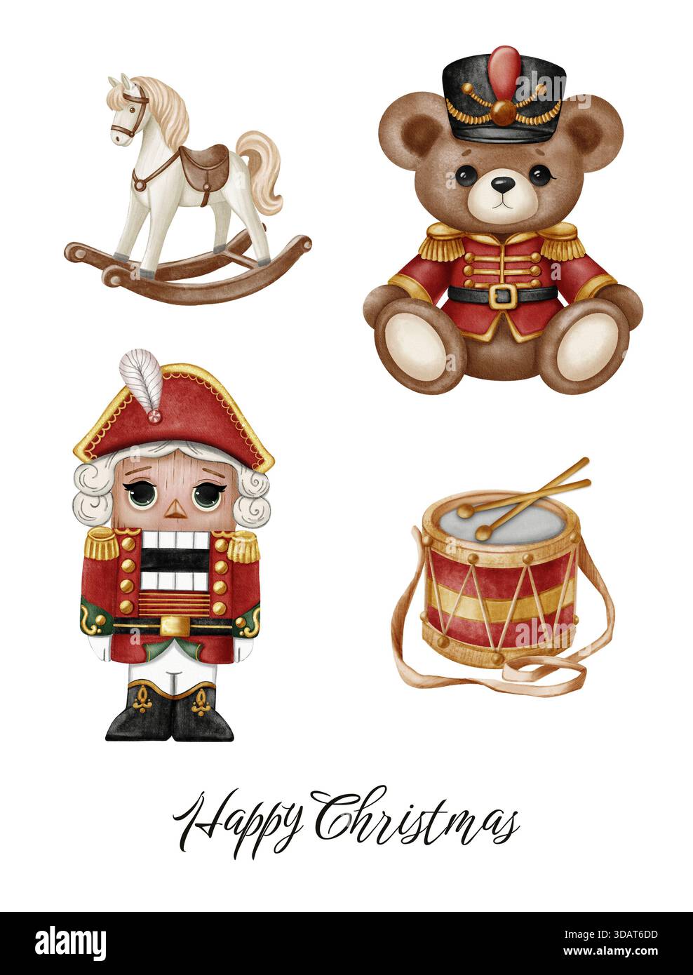 Aquarellillustration mit Schaukelpferd, Soldatenbär, Nussknacker und Trommel im festlichen Stil. Perfekt für Weihnachtskarten Stockfoto