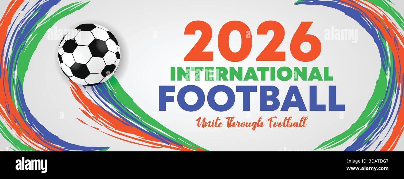 2026 Internationales Fußball-Banner mit farbenfroher Linekurve abstrakter Bewegung Stock Vektor