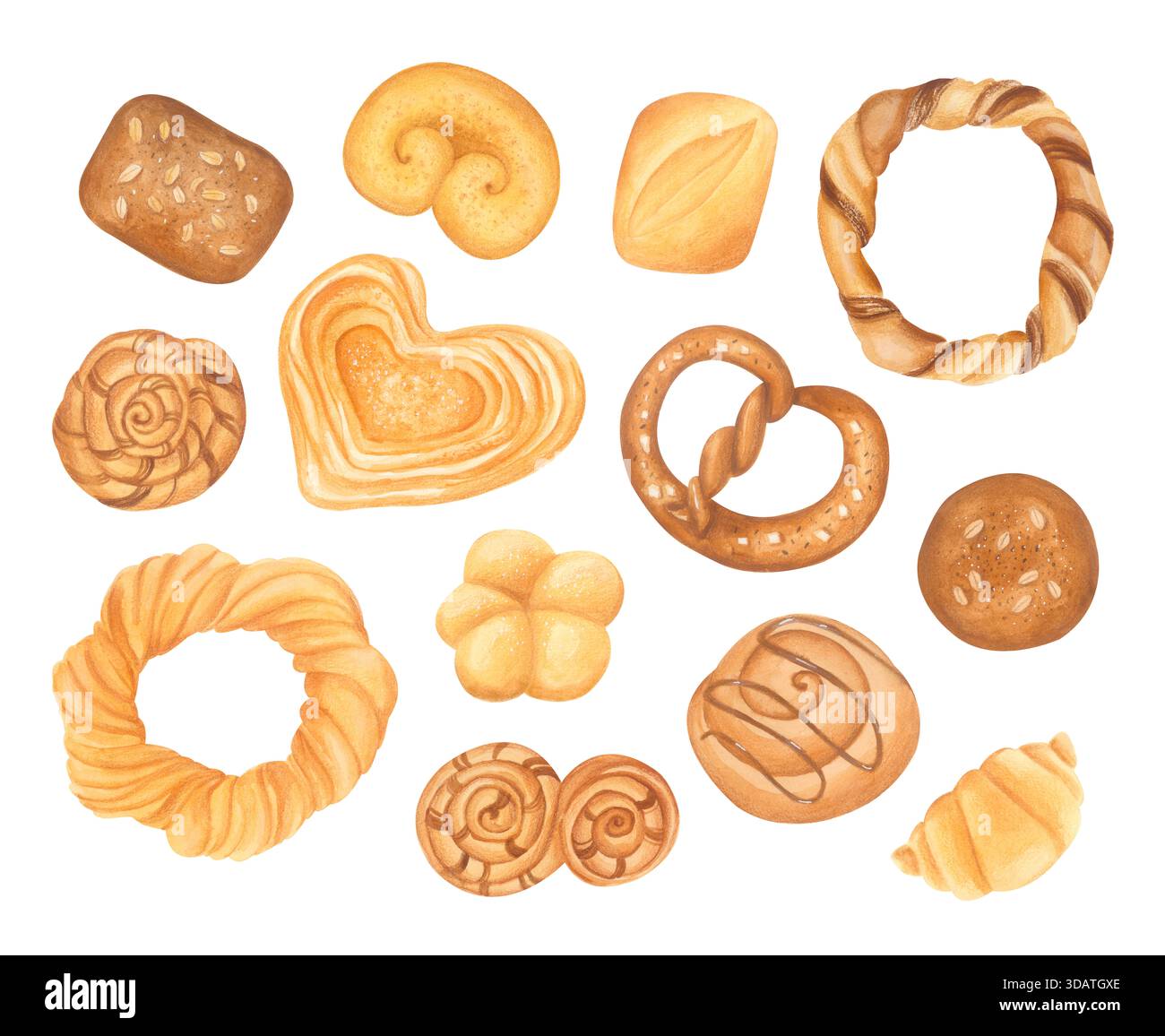 Handgezeichnete Bäckerei mit Croissants, Brezeln, Bagels und Brötchen. Isolierte Illustration mit Wasserfarben. Stockfoto