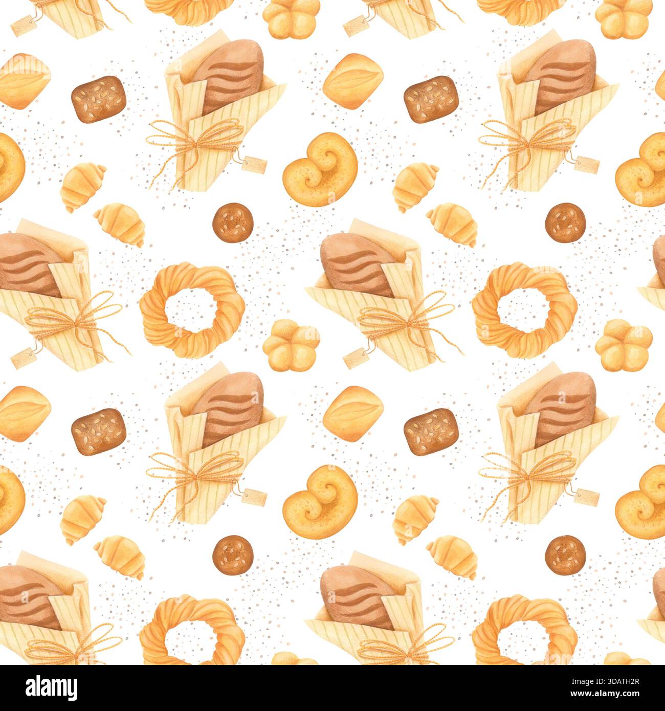 Nahtloses Muster mit rustikalem Brot und Gebäck in gemütlichem handgezeichnetem Stil. Isolierte Illustration mit Wasserfarben. Stockfoto