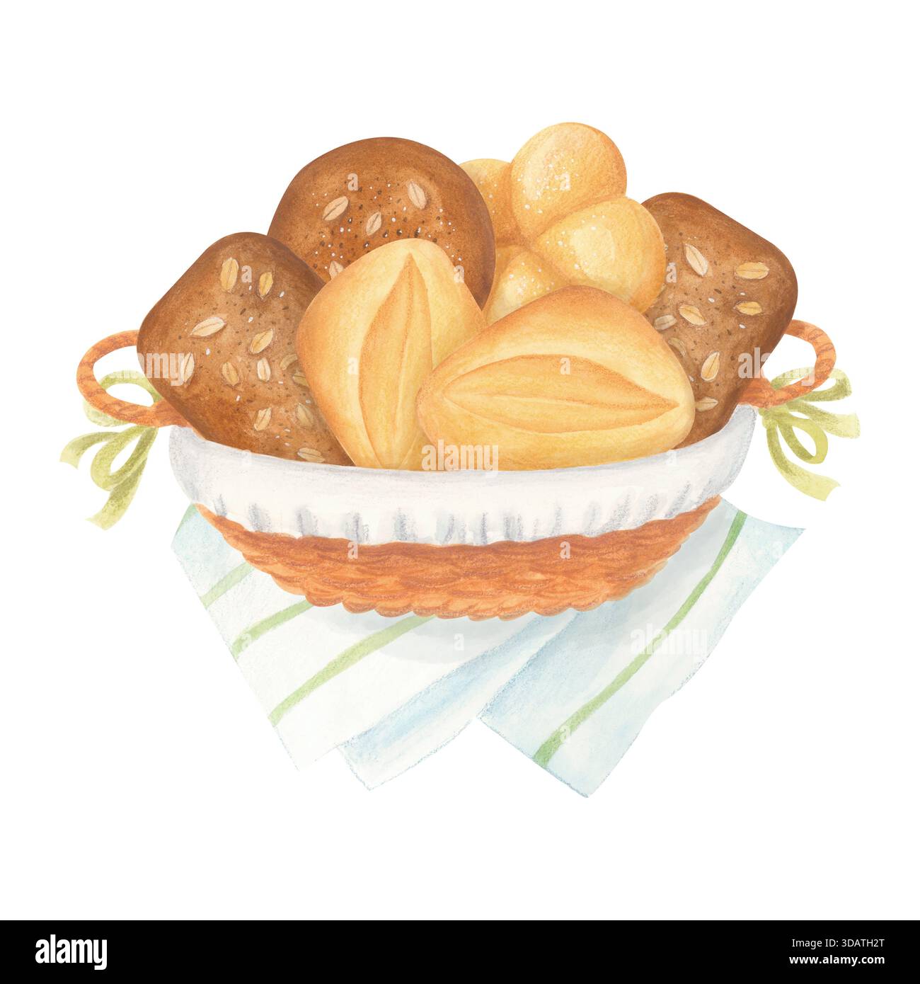 Weizen- und Roggenbrötchen im Korbkorb mit weißer Baumwollserviette. Isolierte Illustration mit Aquarell. Stockfoto
