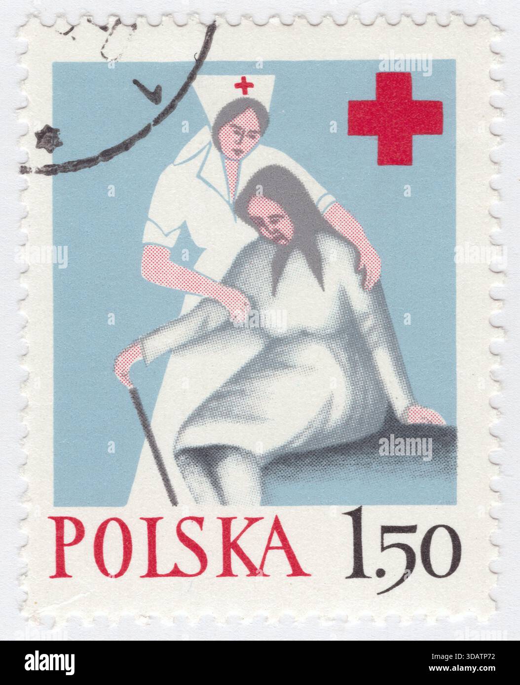 POLEN — 24. Januar 1977: 1,50 Zloty mehrfarbige Briefmarke mit Kunstwerk Rotes Kreuz Schwester Helfer Old Woman. Polnisches Rotes Kreuz Stockfoto