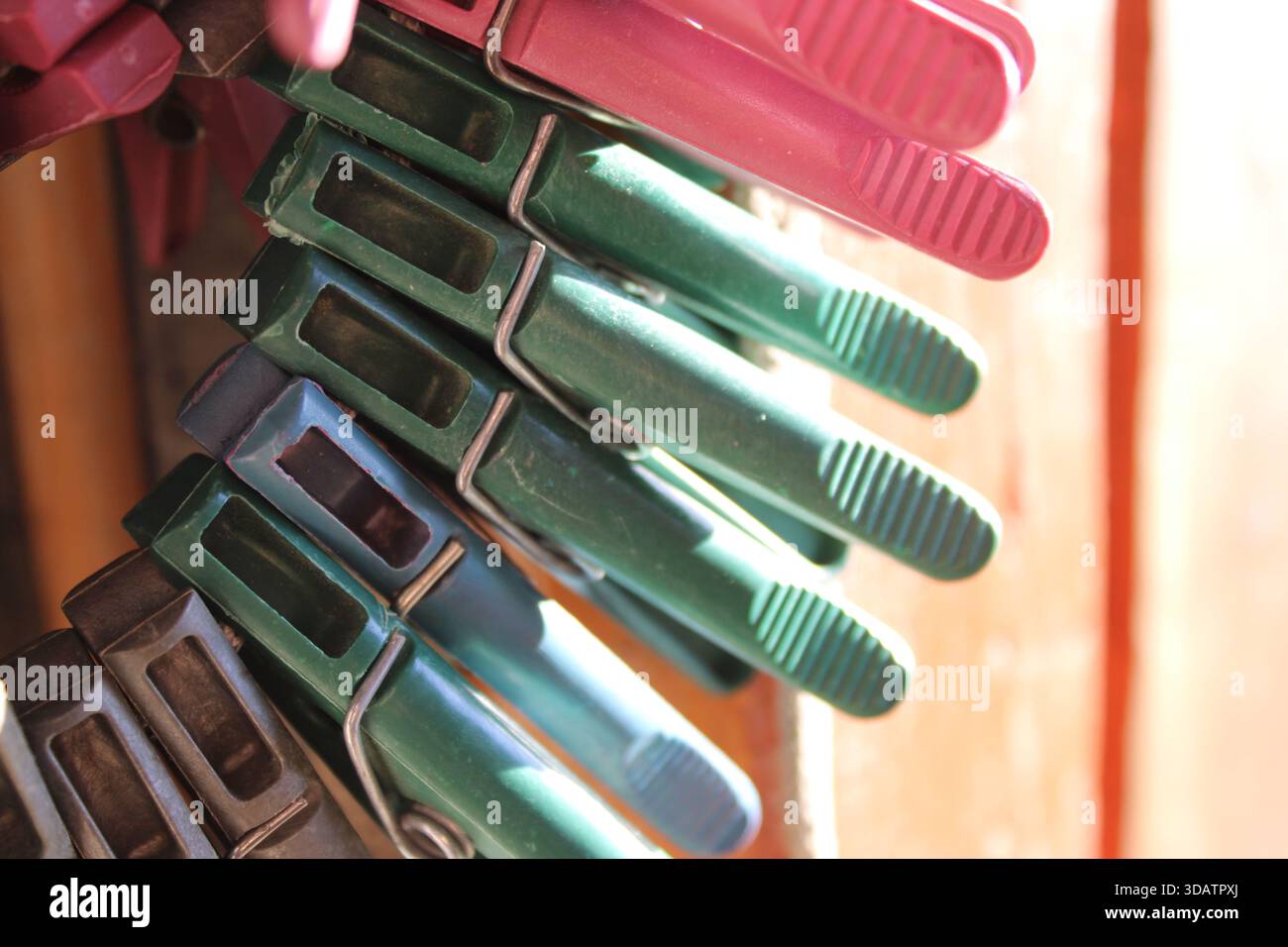Kleiderschalen in verschiedenen Farben hängen an einer Linie vor einem hölzernen Hintergrund. Sonnenlicht wirft Schatten und zeigt Details der Wäschespins in einem heimischen sce Stockfoto