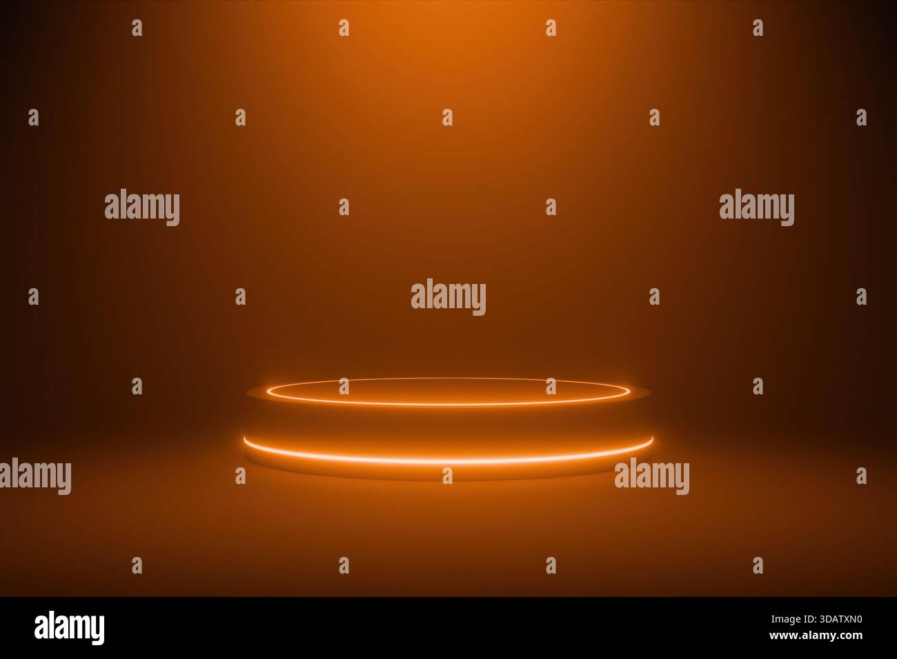 Leeres, neonbeleuchtetes 3D-Zylinderpodium auf einem feurigen orange-bernsteinfarbenen Hintergrund Stockfoto