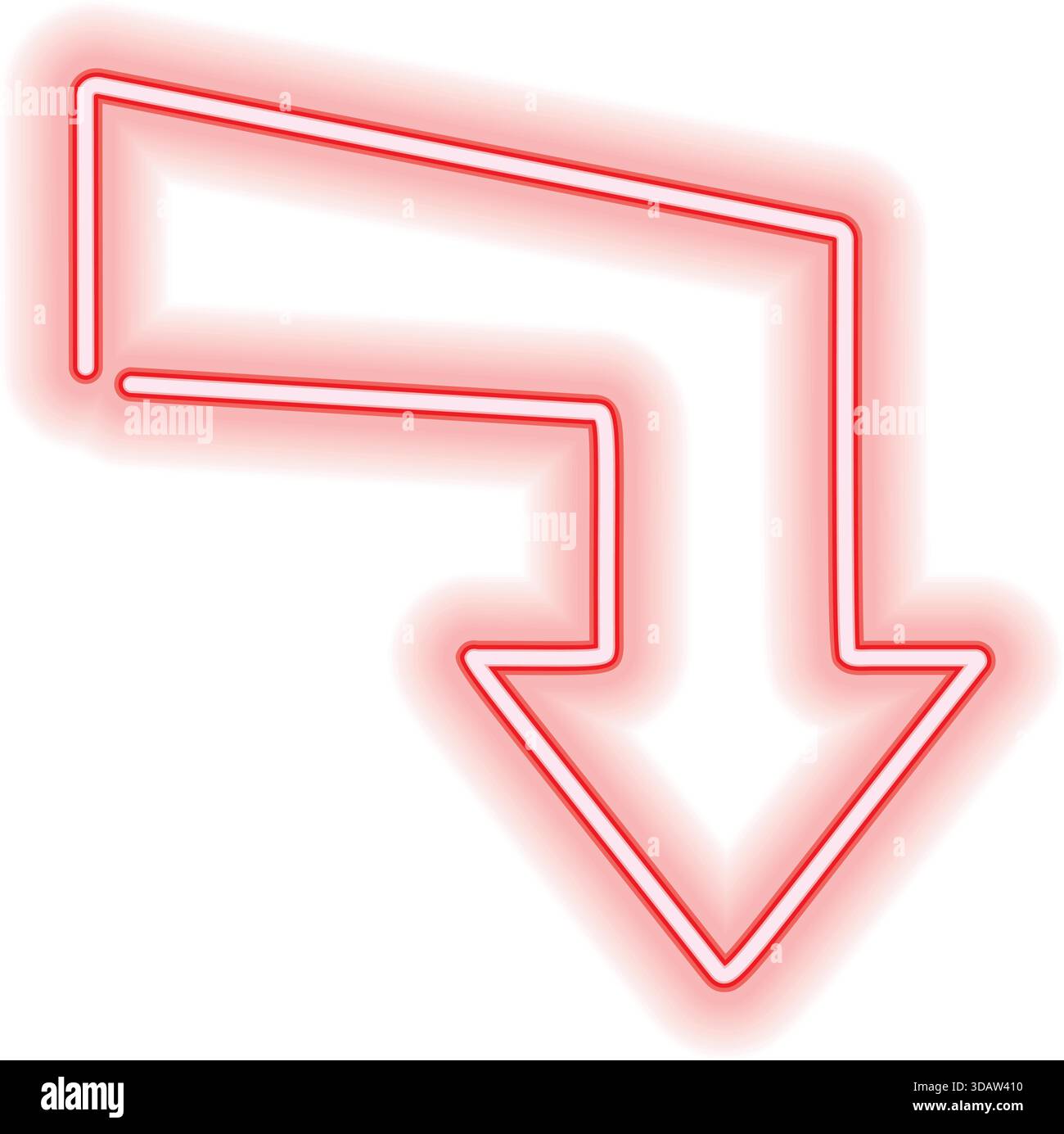 Ein neonroter Pfeil, der nach unten zeigt. Der Pfeil leuchtet und er leuchtet. Das Bild hat ein futuristisches oder Neonlicht-Feeling Stock Vektor