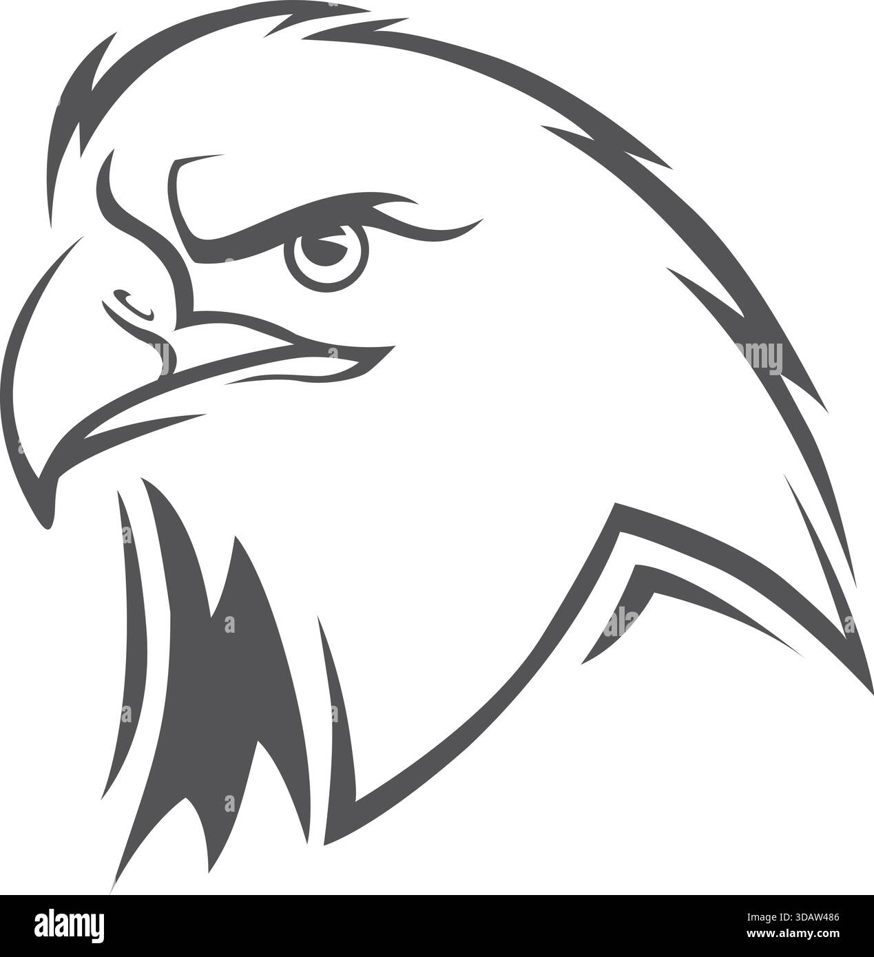 Eine schwarz-weiße Zeichnung eines Adlers mit seitlichem Kopf. Der Adler hat einen bedrohlichen Blick auf seinem Gesicht, mit weit geöffneten Augen und seiner mou Stock Vektor