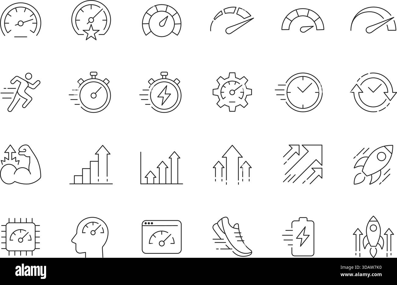 Symbole für Leistung und Effizienz in dünnen Linien gesetzt. Vektorsymbole für Geschwindigkeit, Zeit, Metrik, Geschäftswachstum und Energieleistung. Stock Vektor