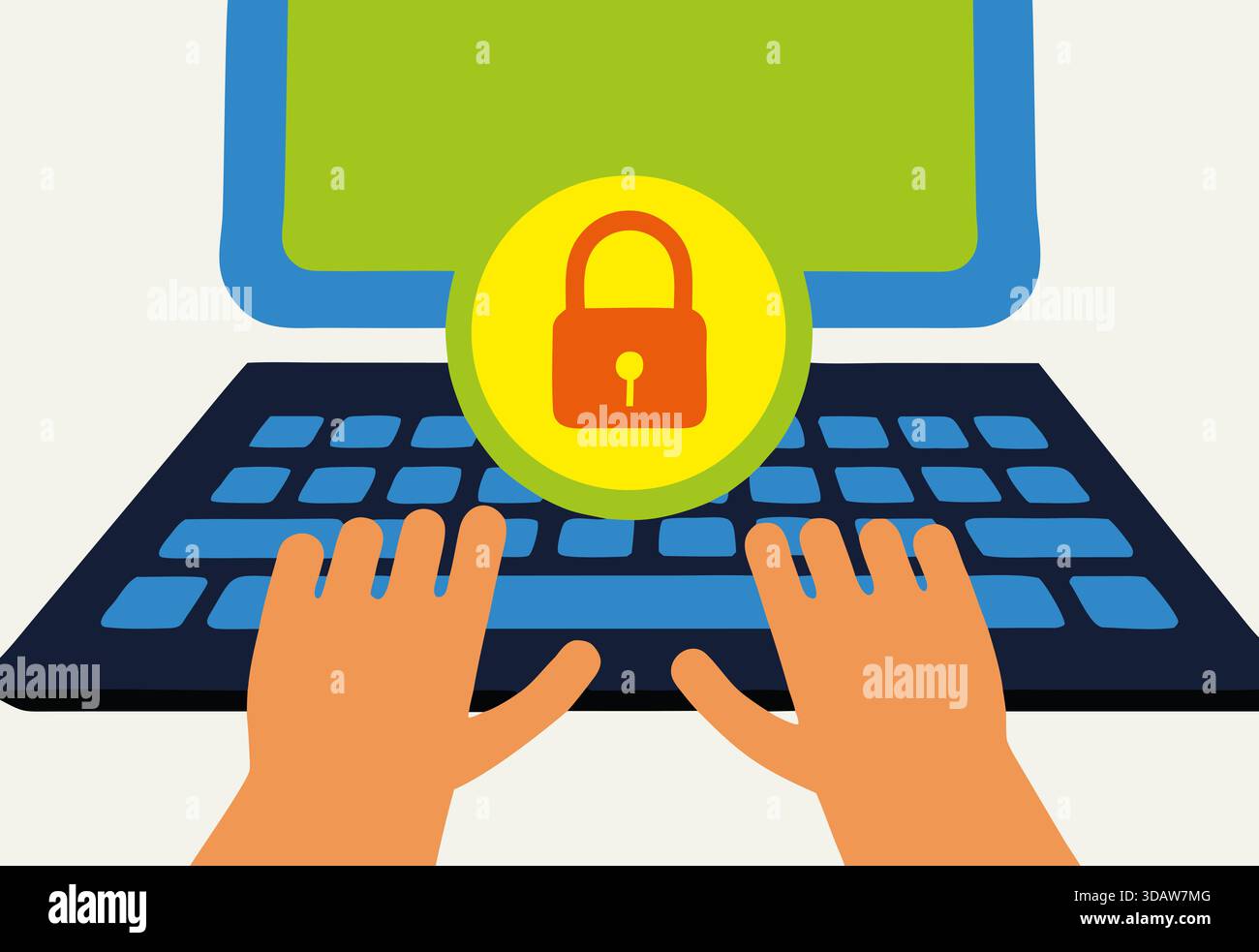 Handtippen auf dem Laptop mit einem Symbol für das Sicherheitsschloss. Cybersicherheitskonzept. Stockfoto