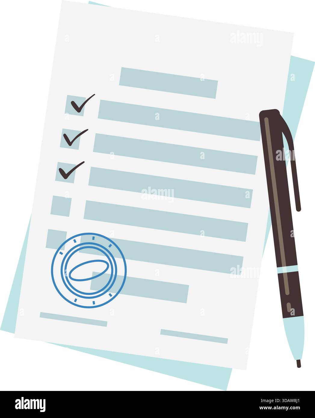 Ein Stift befindet sich auf einem Blatt Papier mit einem Häkchen darauf Stock Vektor
