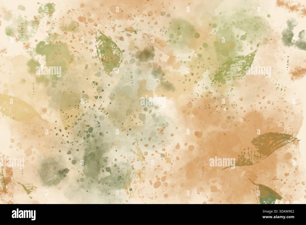 Abstrakter Aquarellhintergrund mit einer zarten Mischung aus grünen und braunen Blättern. Weiche Erdtöne und strukturierte Spritzer sorgen für eine ruhige Natur Stockfoto