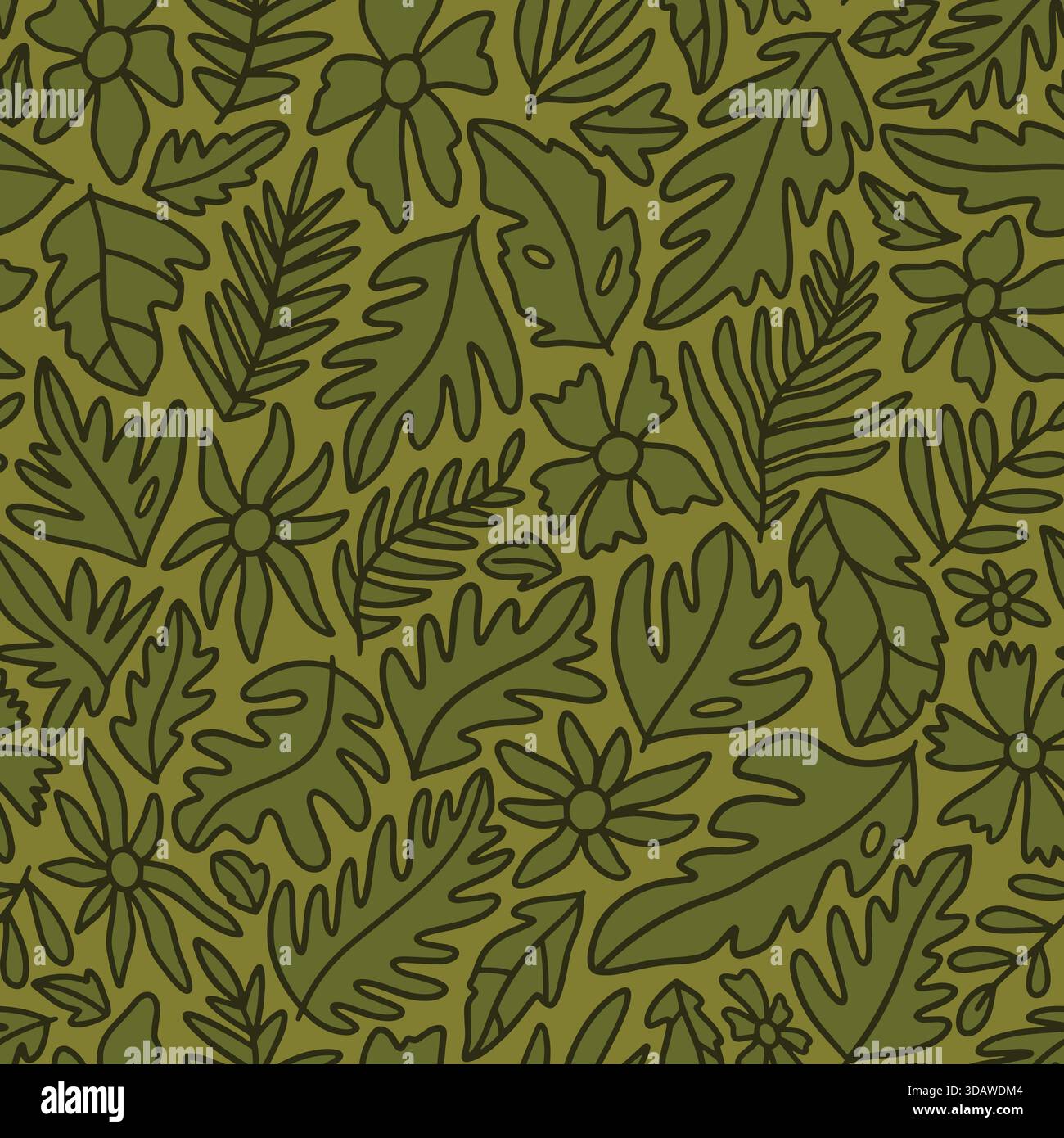 Süße Blumen und Dschungelblätter nahtloses Muster. Vektorabbildung Hintergrund mit flachem Design. Stock Vektor