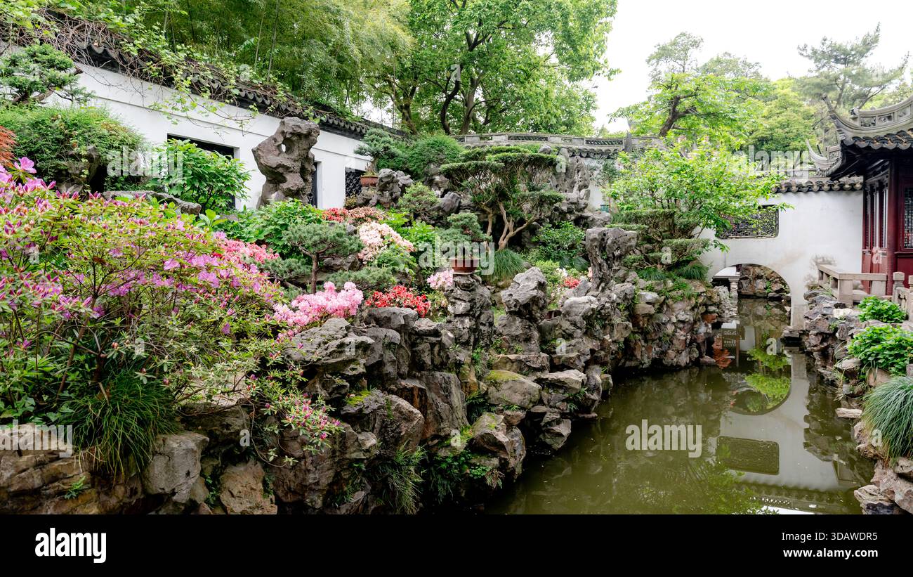 Ein ruhiger Blick auf einen klassischen chinesischen Garten in Shanghai, China, mit üppigem Grün, blühenden Blumen und einem ruhigen Teich, der das ruhige bea widerspiegelt Stockfoto