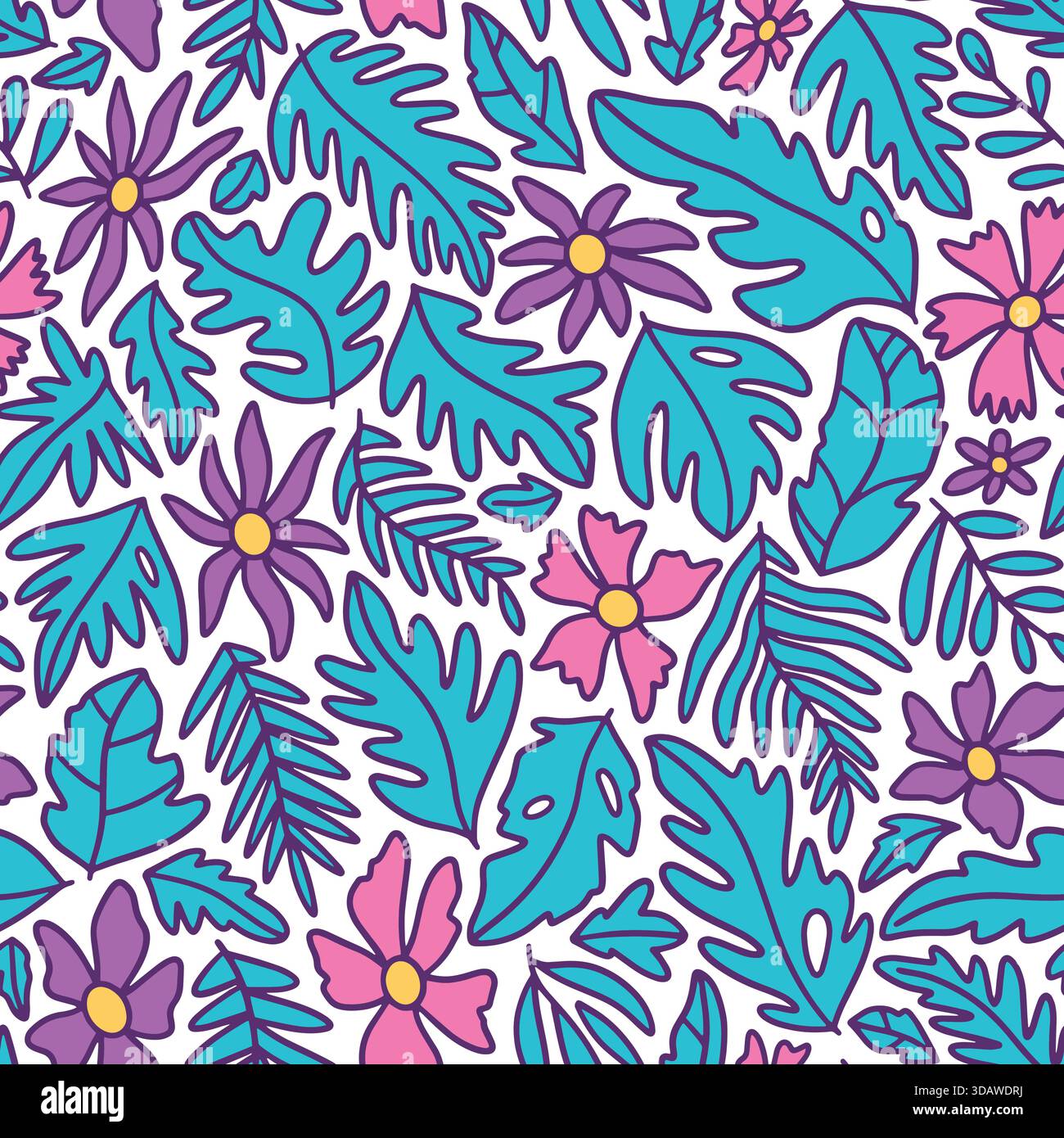 Süße Blumen und Dschungelblätter nahtloses Muster. Vektorabbildung Hintergrund mit flachem Design. Stock Vektor