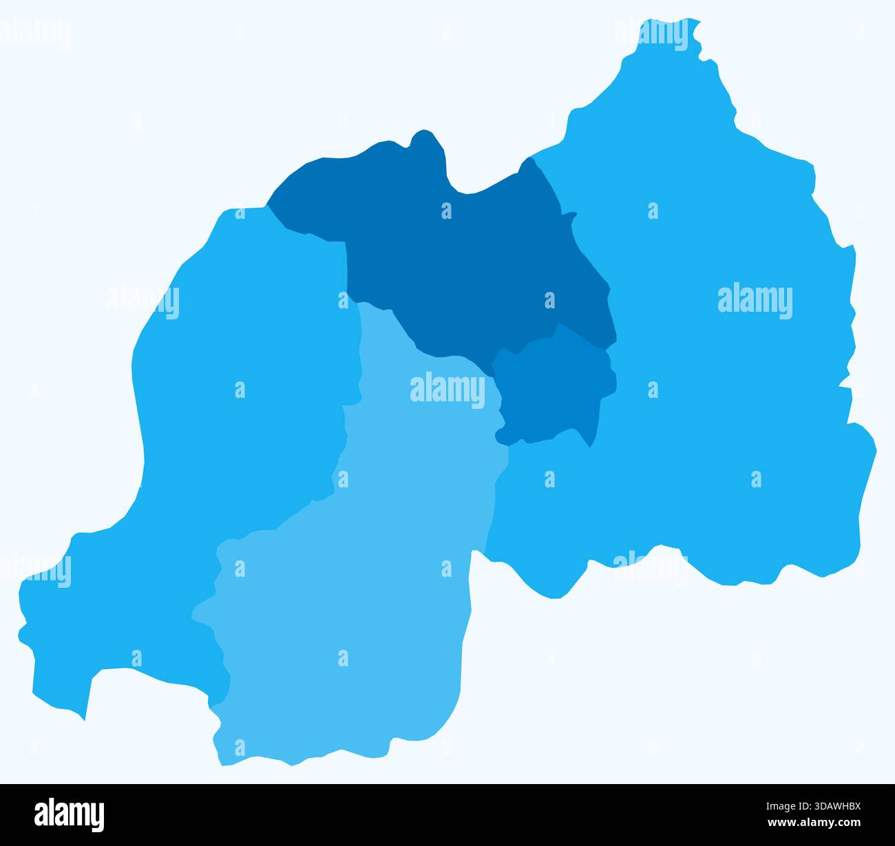 Karte von Ruanda mit Regionen. Eine einfache Ländergrenzkarte mit regionalen Unterteilungen. Hellblaue Farbpalette. Stock Vektor