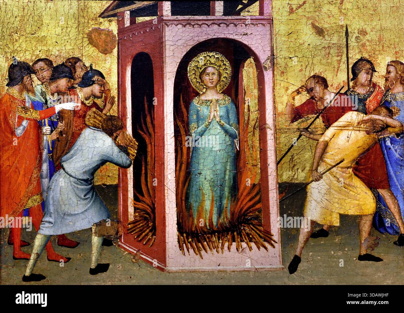 Martyrium der heiligen Reparata in einem Ofen von Bernardo Daddi (1290–1350) Florenz Italien Italienisch („Martyrium der heiligen Reparata in einem Ofen“) bezieht sich auf eine Szene im Leben dieses jungfräulichen Märtyrers aus Palästina aus dem 3. Jahrhundert, berühmt in florentinischer Kunst dargestellt, besonders von Bernardo Daddi, zeigt, wie sie auf wundersame Weise überlebt, von römischen Verfolgern in einem Ofen platziert wurde, indem sie später ihren Glauben verweigert, indem sie sich weigerte. mit Kunst, die sie unverletzt im Feuer oder mit einer Taube zeigt, die ihre Seele repräsentiert.) Stockfoto