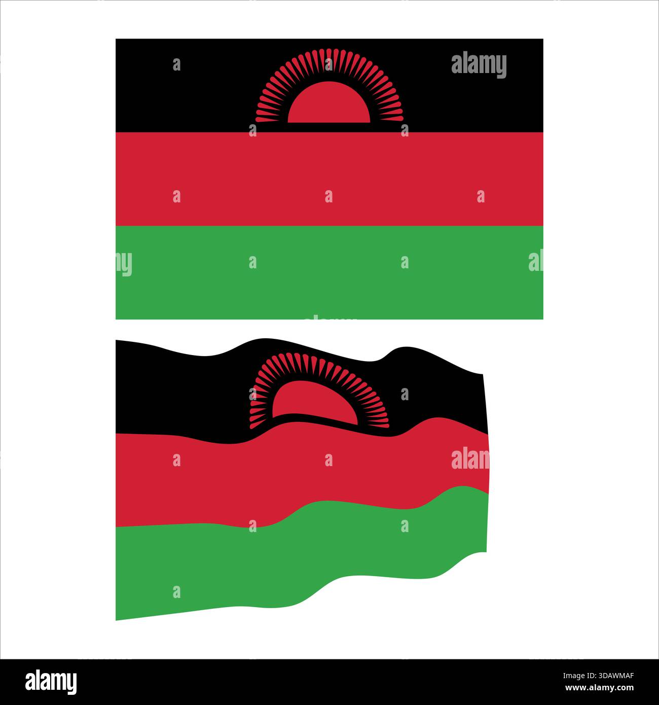 Malawische Nationalflagge mit schwarzen, roten, grünen Streifen und roter aufgehender Sonne. Stock Vektor