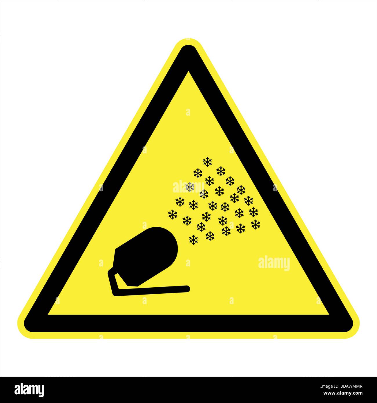 Gelbes Gefahrendreieck, das eine Schneekanone zeigt, die Schneeflocken erzeugt. Stock Vektor