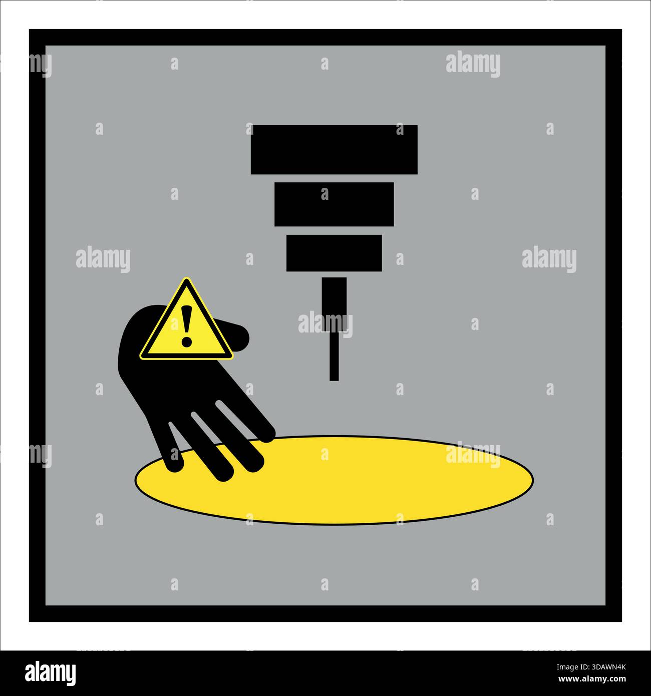 Hand nähert sich einer sich bewegenden Werkzeugmaschine, was auf mögliche Verletzungen und Vorsicht hinweist. Stock Vektor