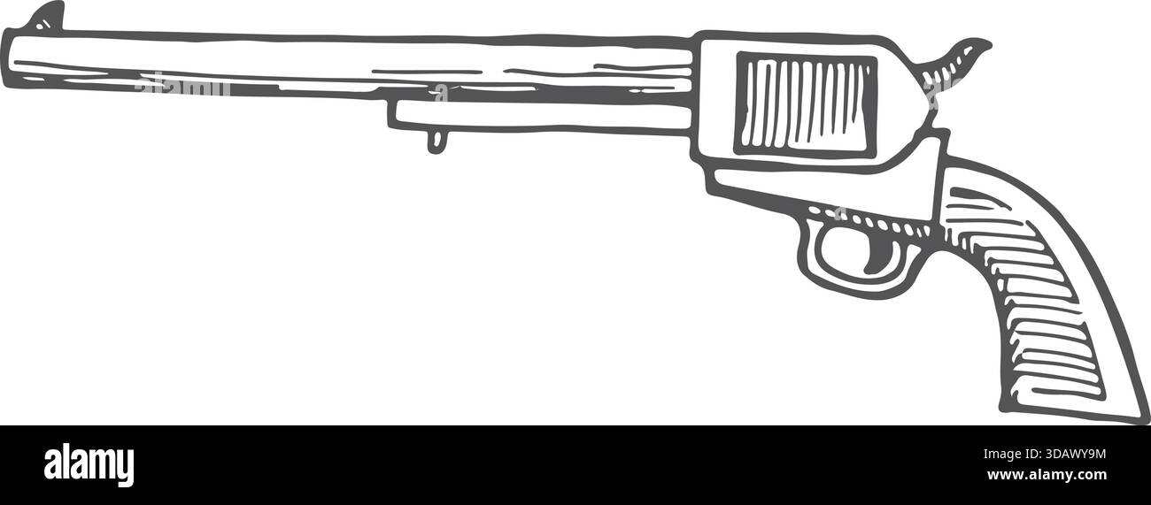 Eine Pistole wird in Schwarz-weiß gezogen. Die Pistole wird sehr einfach und unkompliziert gezogen, ohne dass Details oder Verzierungen hinzugefügt werden Stock Vektor