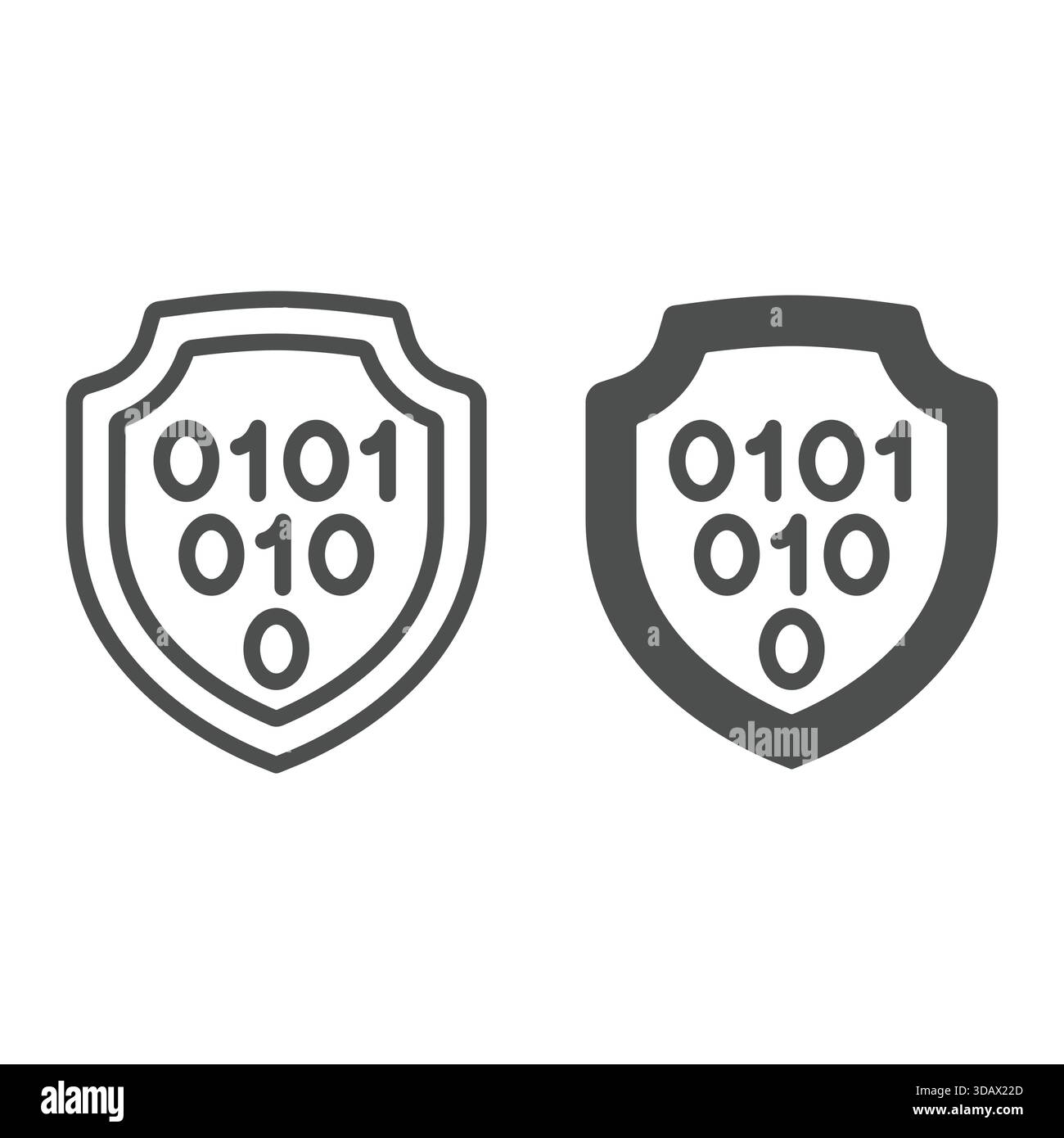 Binärer Code auf der Emblemzeile und dem Symbol, Konzept für Hackerangriffe. Vektorgrafiken. Code-Exploit-Schutzschild auf weißem Hintergrund, Umrisse s Stock Vektor