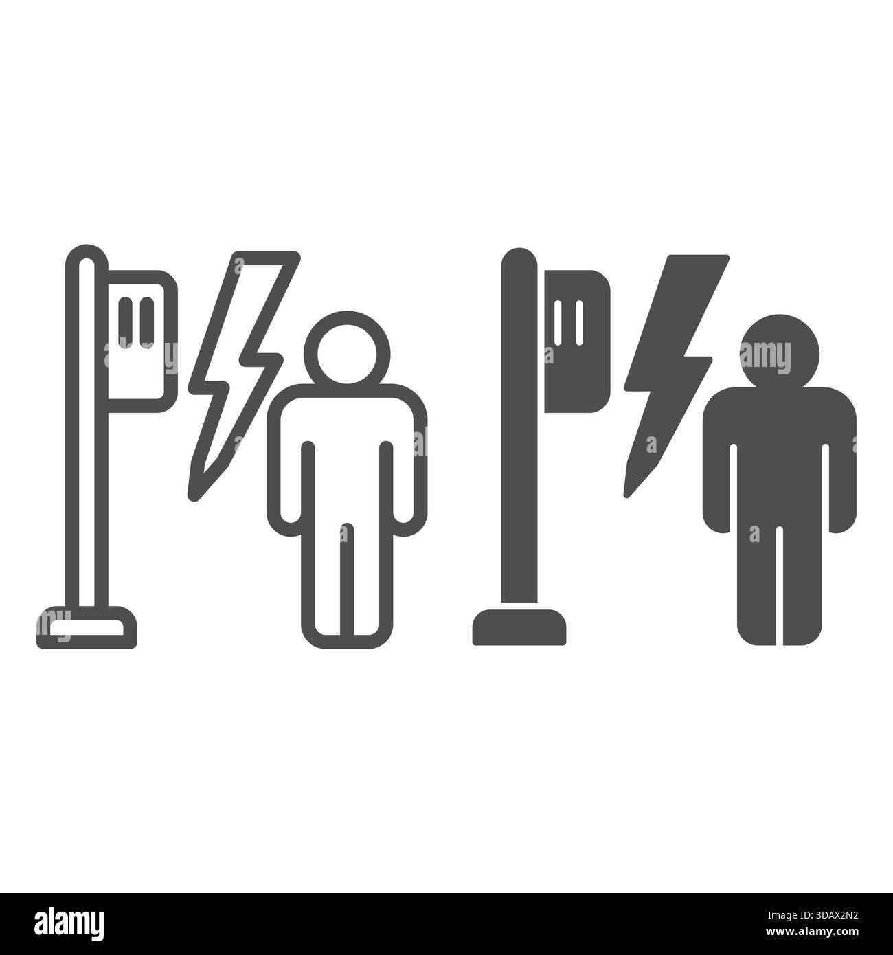 Mann mit Elektrobox an der Pole und solidem Symbol, Versicherungskonzept. Vektorgrafiken. Blitzgefahr am Transformator und menschliches Zeichen auf weißem Hintergrund Stock Vektor