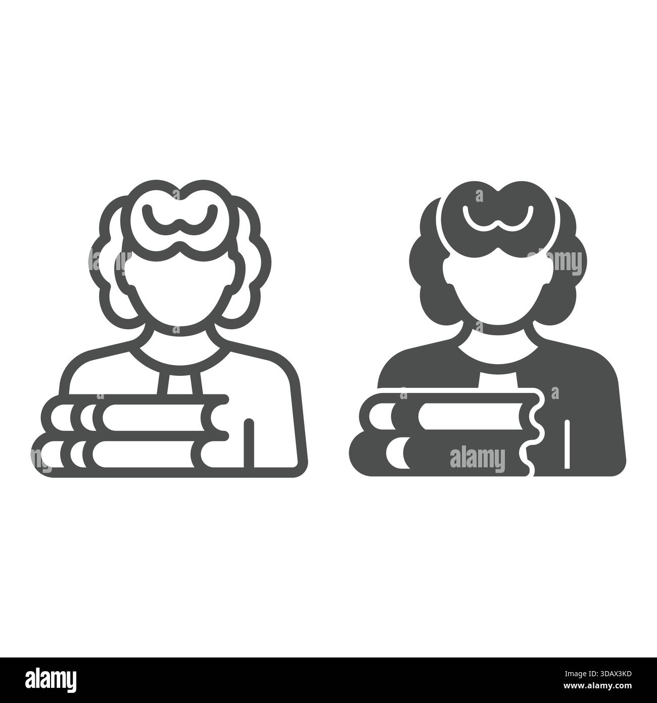 Anwältin mit Bücherzeile und solider Ikone, Familienanwaltkonzept. Vektorgrafiken. Frau und Jurisprudenz Buch Stapelschild auf weißem Hintergrund, Outl Stock Vektor
