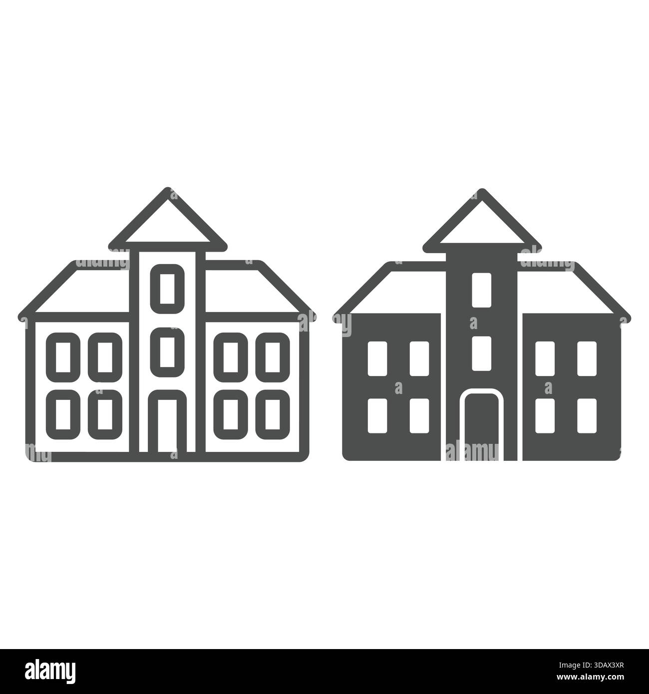 3-stöckige Hauslinie und solide Ikone, Immobilienkonzept. Vektorgrafiken. Cottage Gebäude mit zentralem Turmschild auf weißem Hintergrund, Umriss St Stock Vektor