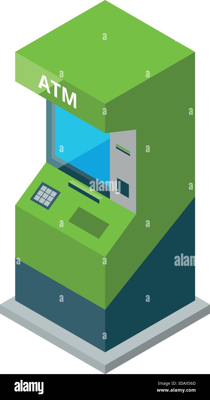Ein grüner Geldautomat mit blauem Bildschirm, auf dem "geldautomat" steht Stock Vektor