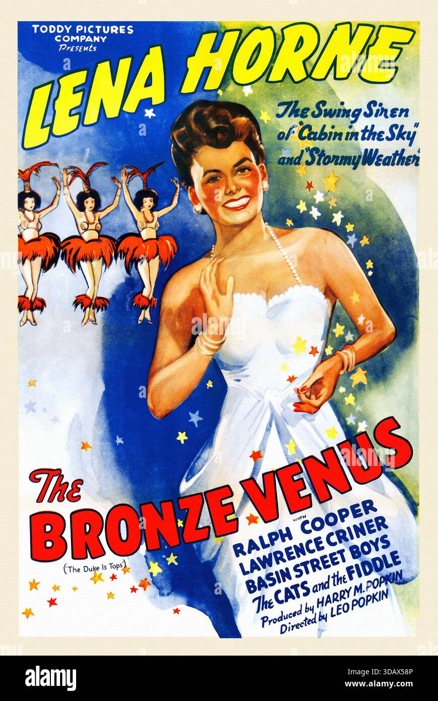 Die Bronze Venus (Toddy Pictures, R-1943). Originaltitel: Der Herzog ist Tops. Lena Horne debütierte 1938 mit der Veröffentlichung des komplett schwarzen Musicals The Duke Is Tops. 1943 wurde der Film nach ihren großen Erfolgen in Cabin in the Sky und Stormy Weather in der Bronze Venus umbenannt, wobei Horne in der Werbekampagne eine prominente Rolle spielte. In einer typischen Backstage-Geschichte spielt Horne eine kleine Sängerin, die zwischen zwei Männern zerrissen ist, ihrem alten Freund und Co-Star Duke (Ralph Cooper) und dem schlauen Talentscout Marshall (Monte Hawley), der ihr die Big Time verspricht. Stockfoto