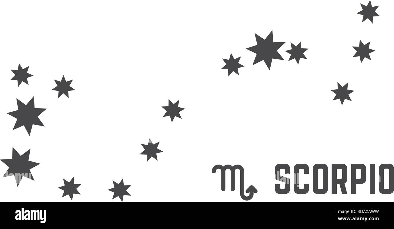 Ein Schwarzweißbild eines Sternenhimmels mit dem Wort Skorpio in weiß Stock Vektor