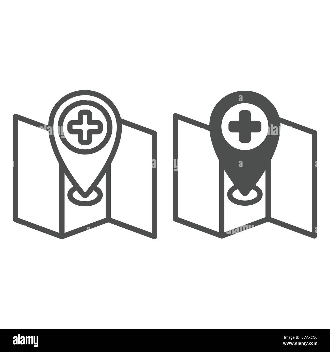 Karte und Standort Pin mit medizinischem Kreuz und Symbol, Menschenrettungskonzept. Vektorgrafiken. Geografische Position, Navigationsschild auf weißem Hintergrund, Stock Vektor