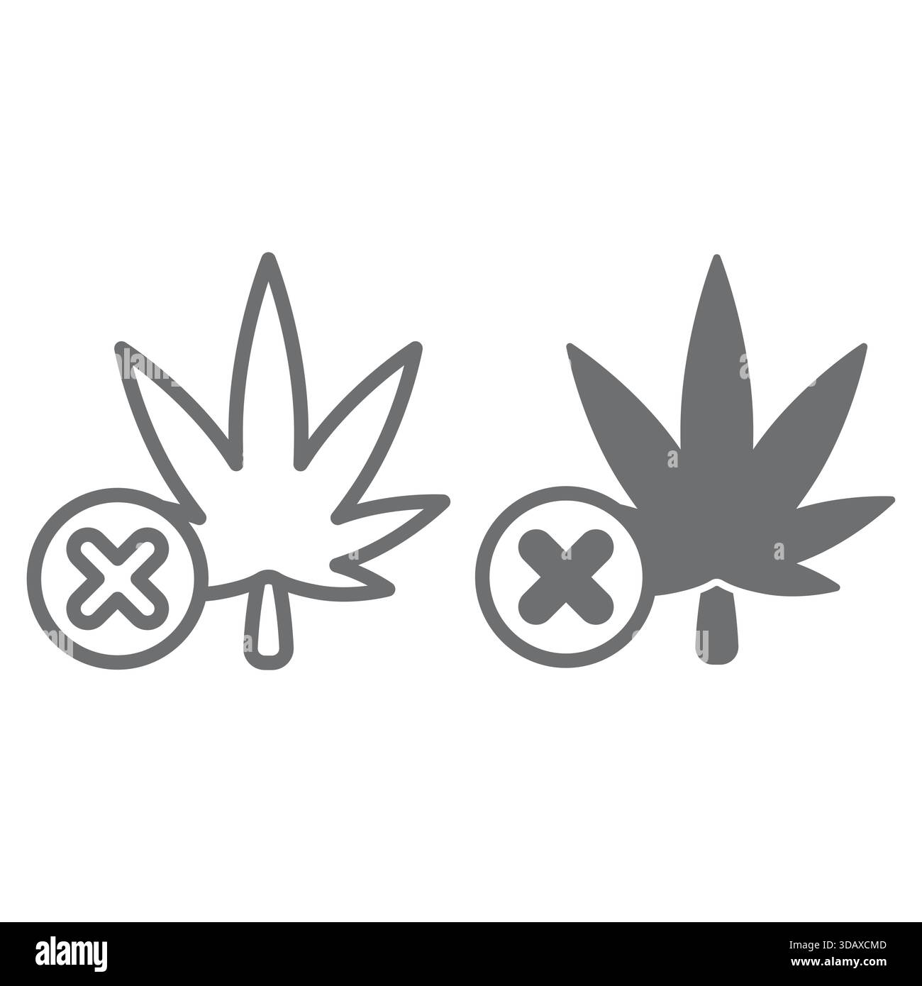 Blattlinie des Marihuana-Verbots und solides Symbol, Konzept verbotener Gegenstände. Vektorgrafiken. Marihuana Rauchen verboten Schild auf weißem Hintergrund, Umriss St. Stock Vektor