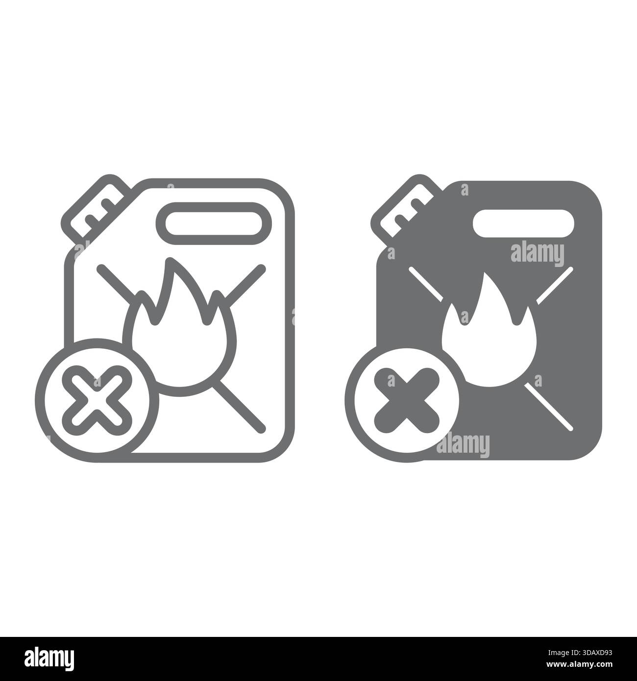 Kanister mit Verbotslinie für brennbare Flüssigkeiten und durchgehendem Symbol, Konzept für verbotene Gegenstände. Vektorgrafiken. Benzin mit Feuerverbotsschild auf weißem Hintergrund Stock Vektor