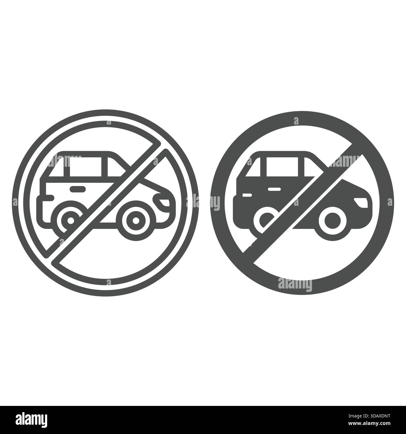 Sperrlinie für Pkw und durchgehendes Symbol, Konzept für verbotene Elemente. Vektorgrafiken. Schild mit verbotenem Transport auf weißem Hintergrund, Stock Vektor