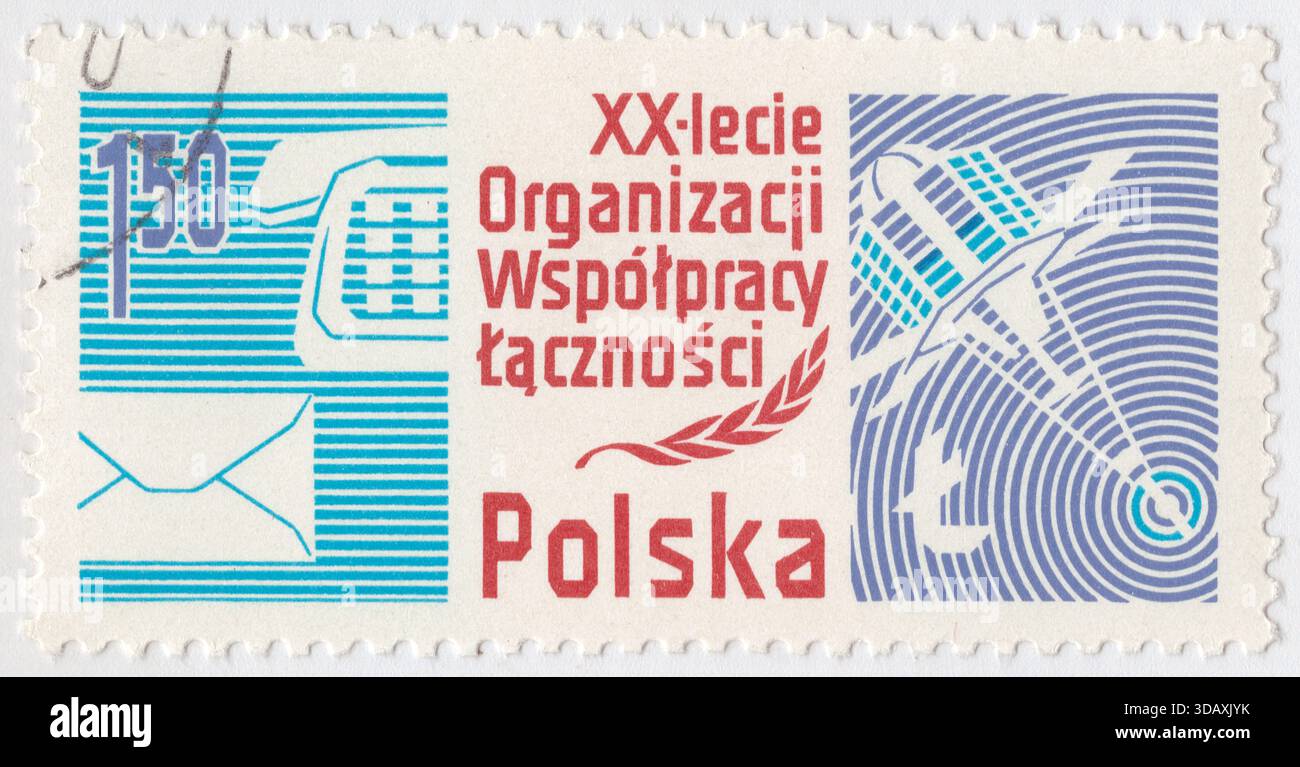POLEN — 20. September 1978: 1,50 Zloty mehrfarbige Briefmarke mit Brief, Telefon und Satellit. 20. Jahrestag der Organisation der Post- und Fernmeldeminister der Länder des Warschauer Pakts Stockfoto