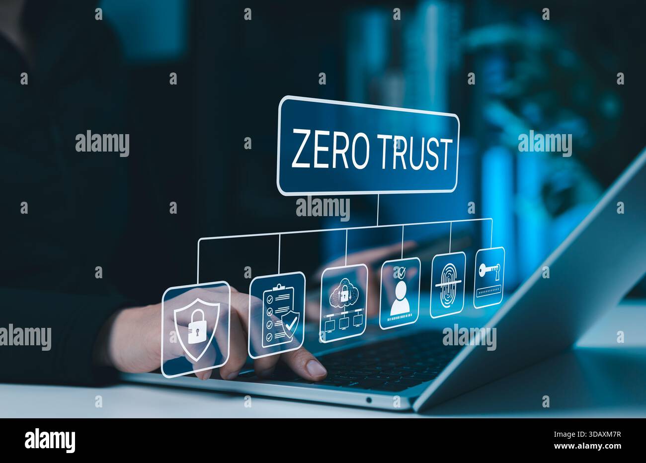 Zero Trust Cybersecurity-Konzept mit Symbolen für Zugriffskontrolle, Authentifizierung, Datenschutz und Identitätsprüfung für moderne digitale Medien Stockfoto