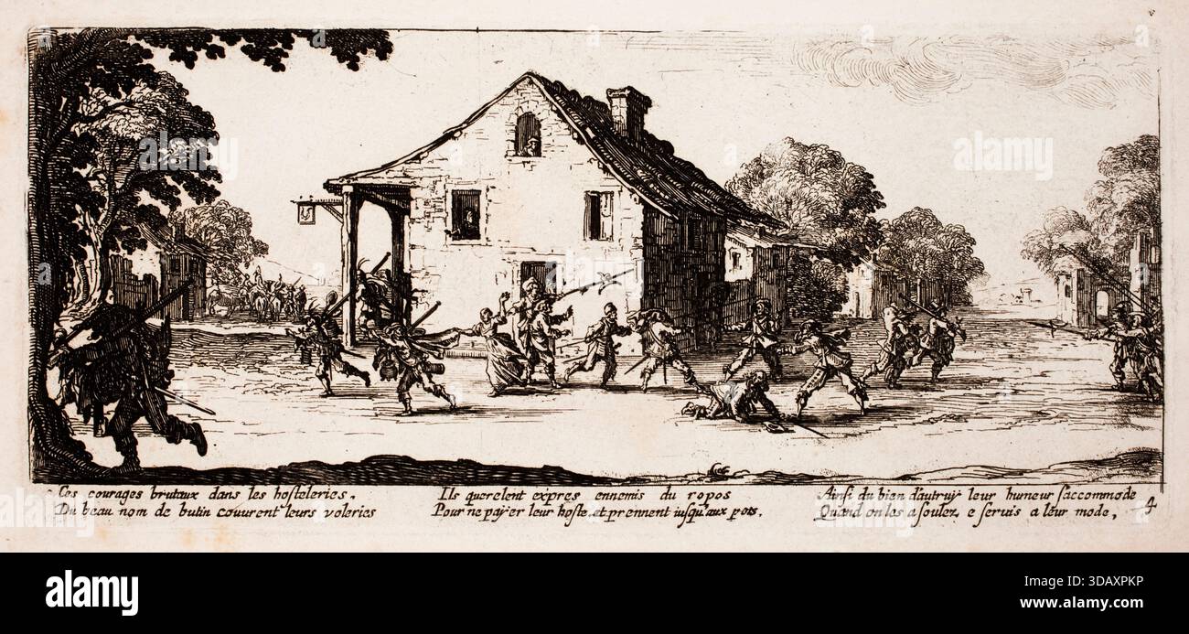 Kupferstich eines Überfalls auf einem Bauernhof der Familie, aus dem Buch The Elends and Misfortunes of war. Von Jacques Callot (1592–1635), Adliger von Lothringen, veröffentlicht in den Niederlanden, 1730 Stockfoto