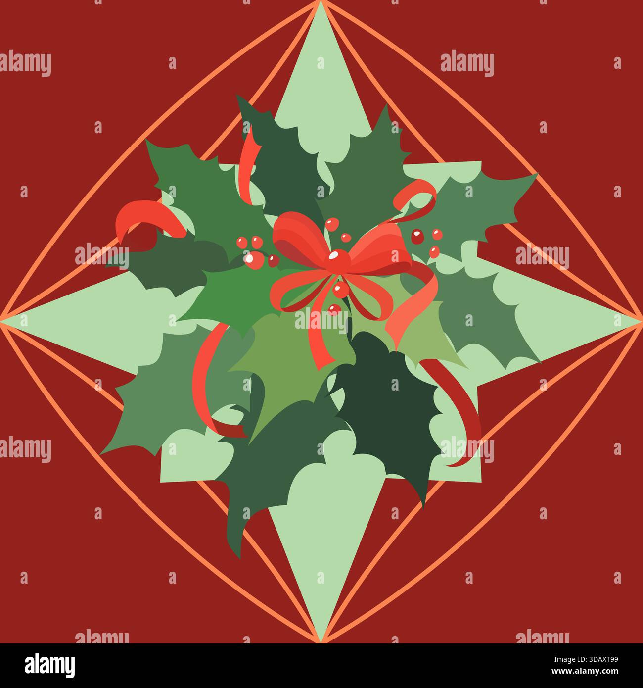 Elegantes nahtloses Weihnachtsmuster mit stechpalmenblättern, roten Beeren und goldenen geometrischen Formen auf dunkelrotem Hintergrund. Perfekt für Dezembertextilien, Geschenkpapier, Überzüge und Urlaubsdekor. Stock Vektor