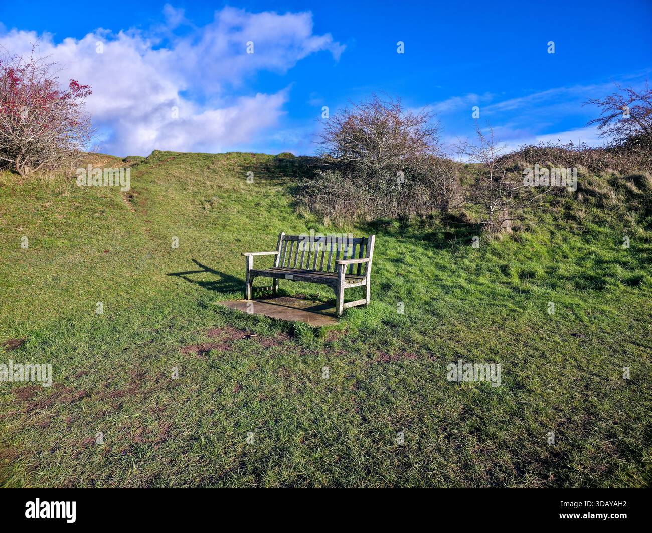 Einsame Holzbank auf Grashügel in friedlicher englischer Landschaft Stockfoto