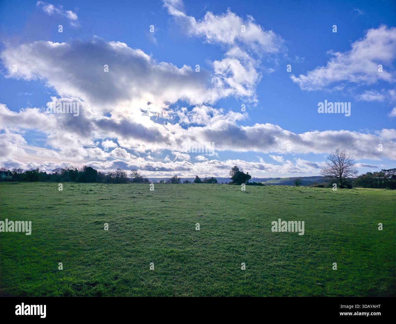 Wide Open Green Field unter dem dramatischen blauen Himmel mit Sonnenstrahlen in englischer Landschaft Stockfoto