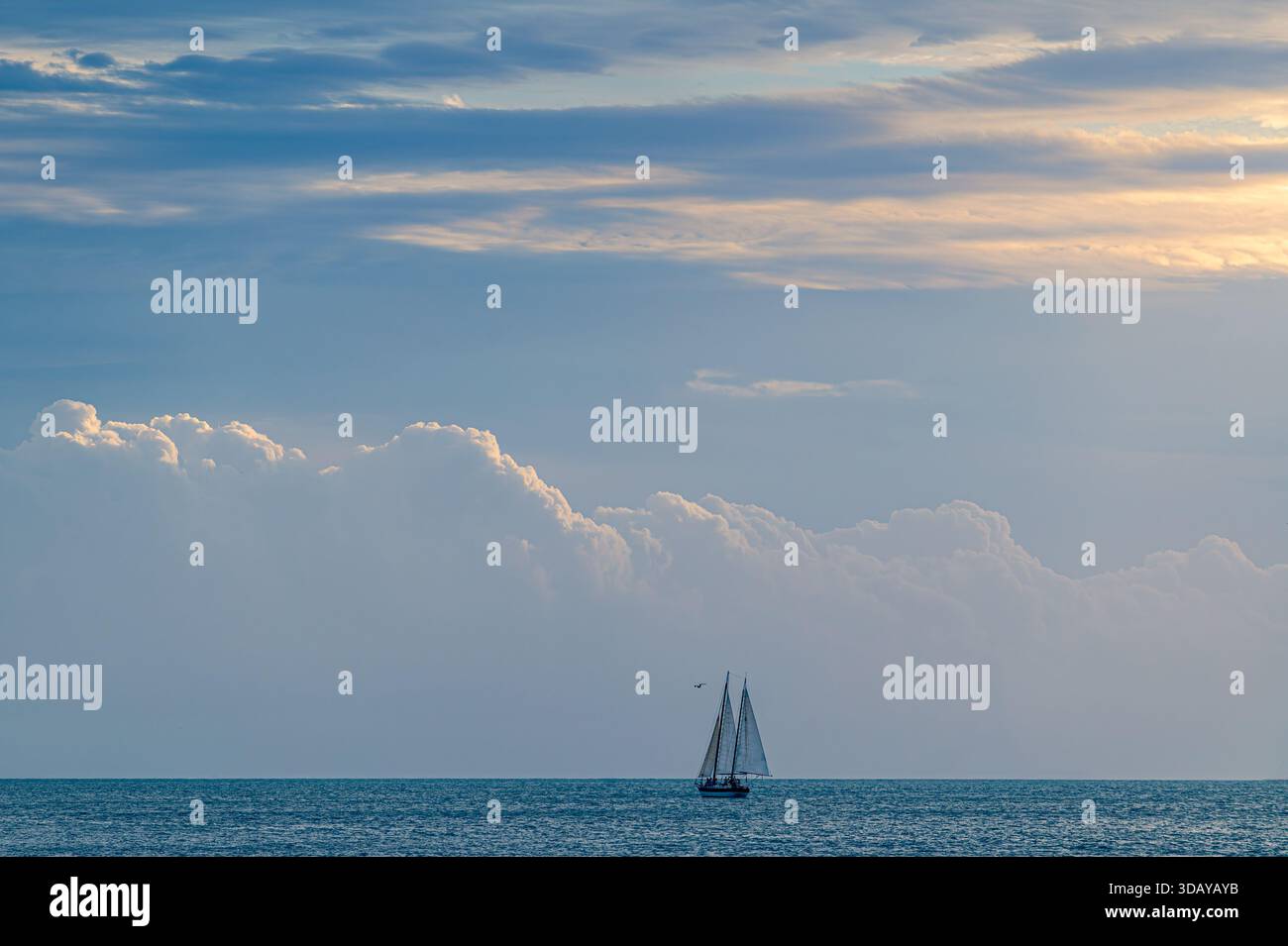 Einsames Segelboot am Horizont, Licht am späten Nachmittag in Key West, Florida Stockfoto