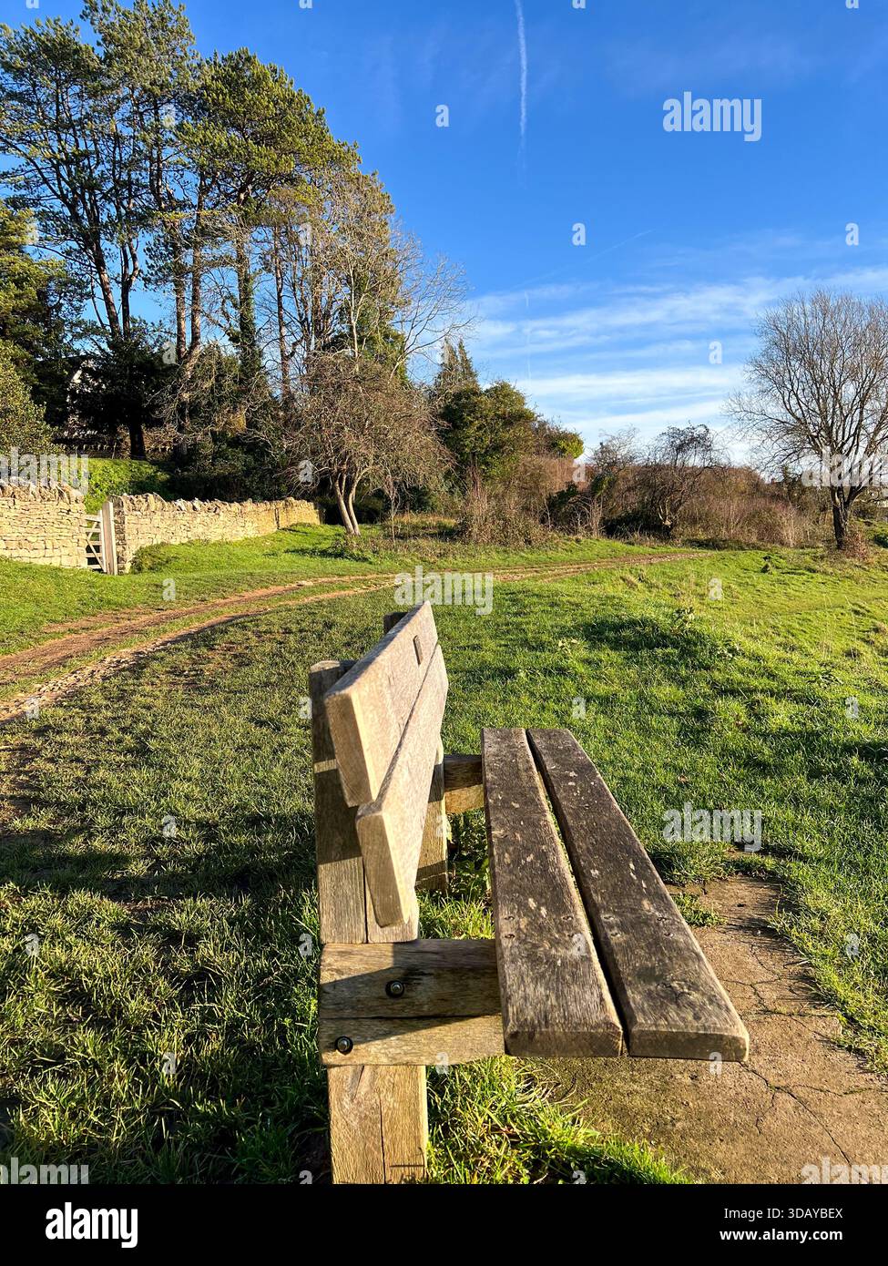 Holzbank auf Grassy Path in friedlicher englischer Landschaft Stockfoto