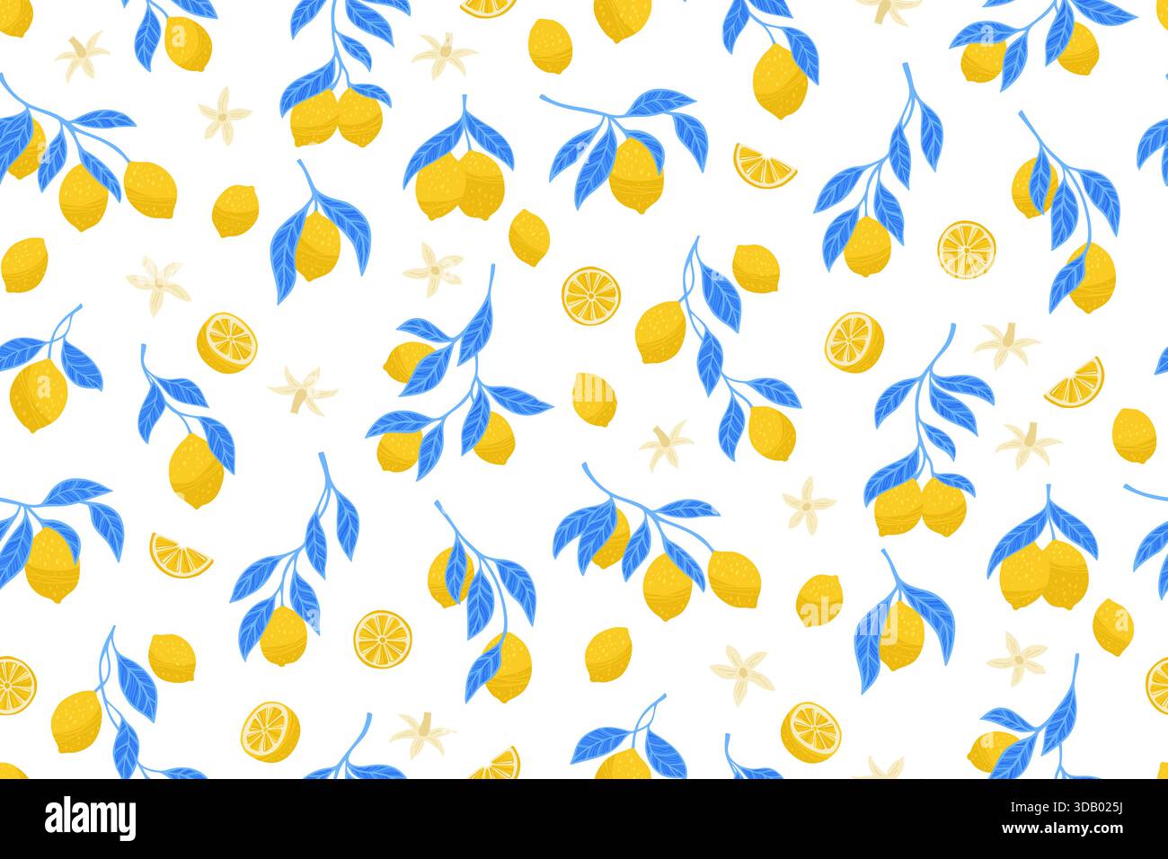 Leuchtendes, nahtloses Muster für Zitronen. Verschiedene Blütenzweige botanischer grenzenloser Hintergrund. Dekorative Früchte saftige Zitrusfrüchte endloses Design für Papierdruck, Stoff Textil, Geschenkpapier Hintergrund Vorlage Stock Vektor
