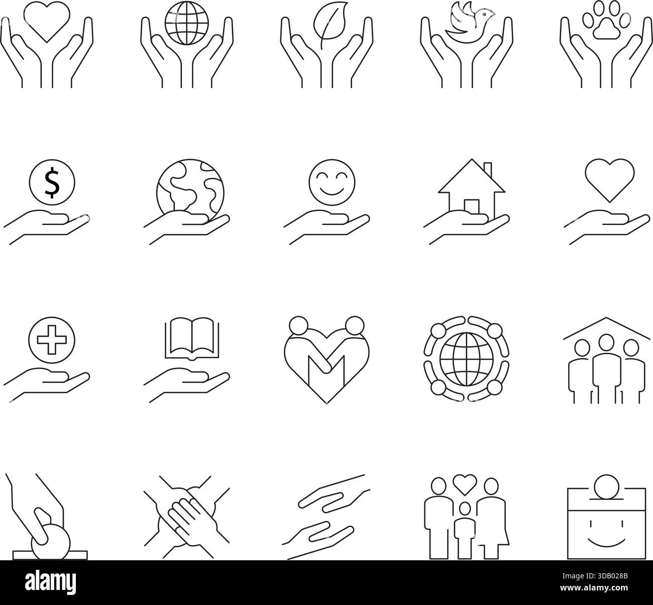 Dünne Linien-Symbole für Wohltätigkeitsorganisationen und Spenden. Vektor-Outline-Symbole für Freiwilligentätigkeit, Geben, Community-Unterstützung und Social Good. Stock Vektor