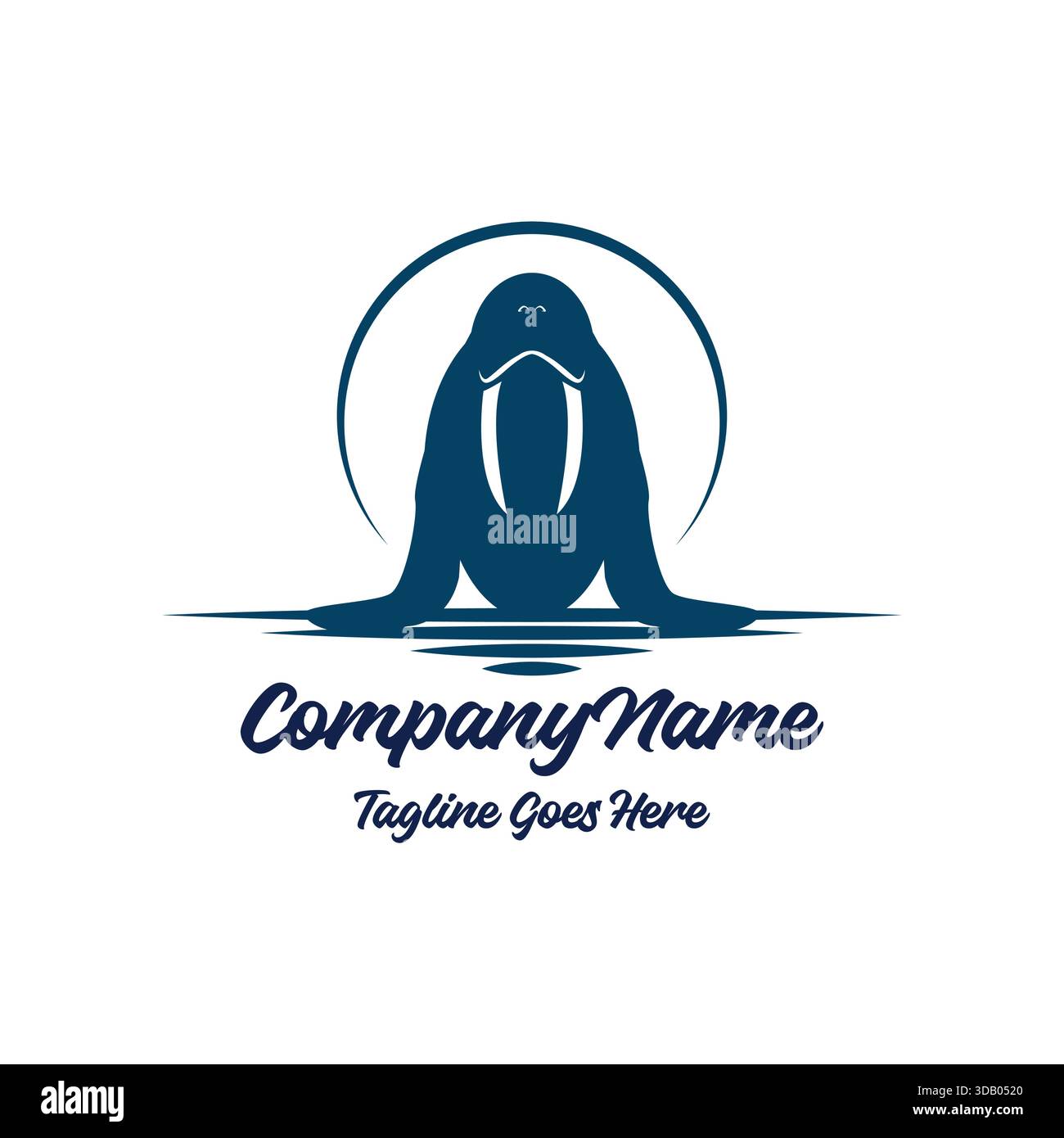 Walrus-Logo-Vektor, arktische Meerestier-Ikone, Dichtung Silhouette Illustration, Ozean Tierwelt Markenidentität, blaues einfaches flaches Design, Stoßzähne Schnurrbart gr Stock Vektor