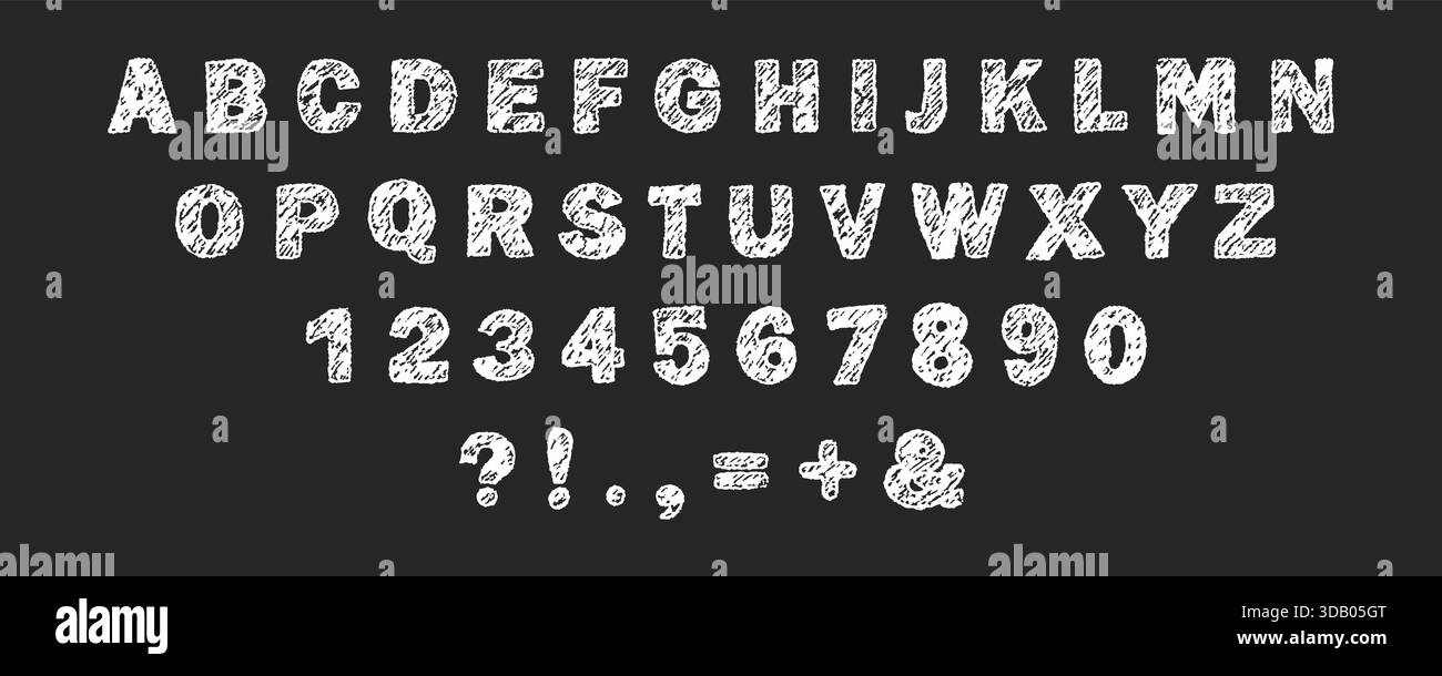 Buntstift mit englischem Alphabet. Kindliche Schriftart für verspieltes Design. Schul- und Partyeinladungen mit lustigem und auffälligem Style. Vektorabbildung. Stock Vektor