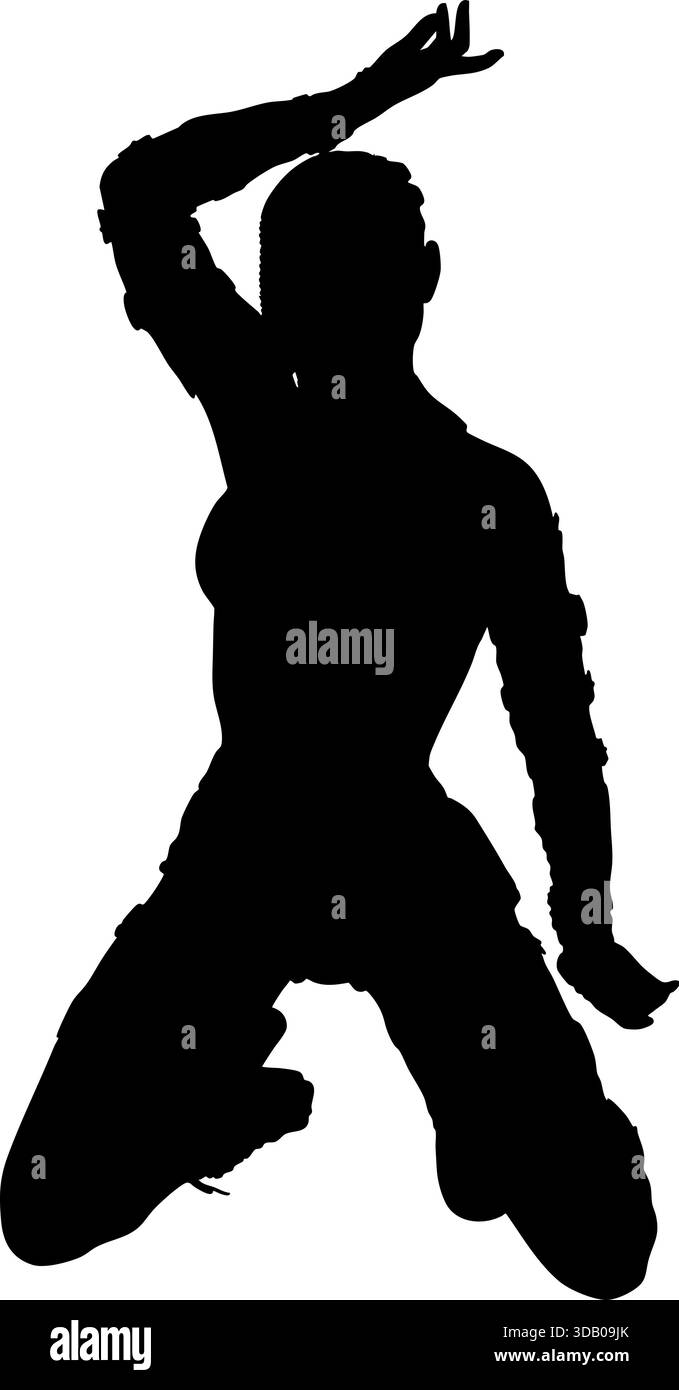 Schwarze Silhouette einer Frau, die in einer kraftvollen, dynamischen Pose mitten in Bewegung gehalten wird und auf Tanz, Kampfkunst oder sportliche Bewegung hinweist. Ideal für Fitness, Stock Vektor