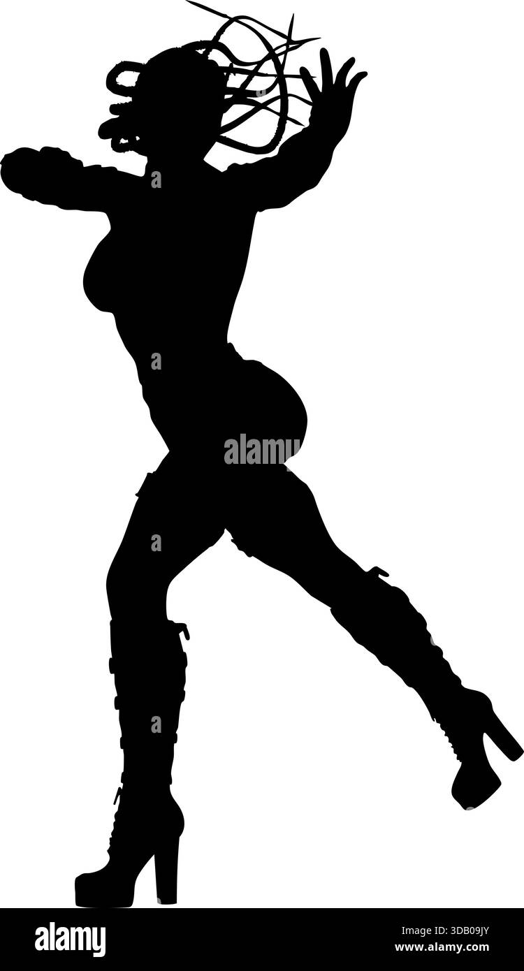 Schwarze Silhouette einer Frau, die in einer kraftvollen, dynamischen Pose mitten in Bewegung gehalten wird und auf Tanz, Kampfkunst oder sportliche Bewegung hinweist. Ideal für Fitness, Stock Vektor