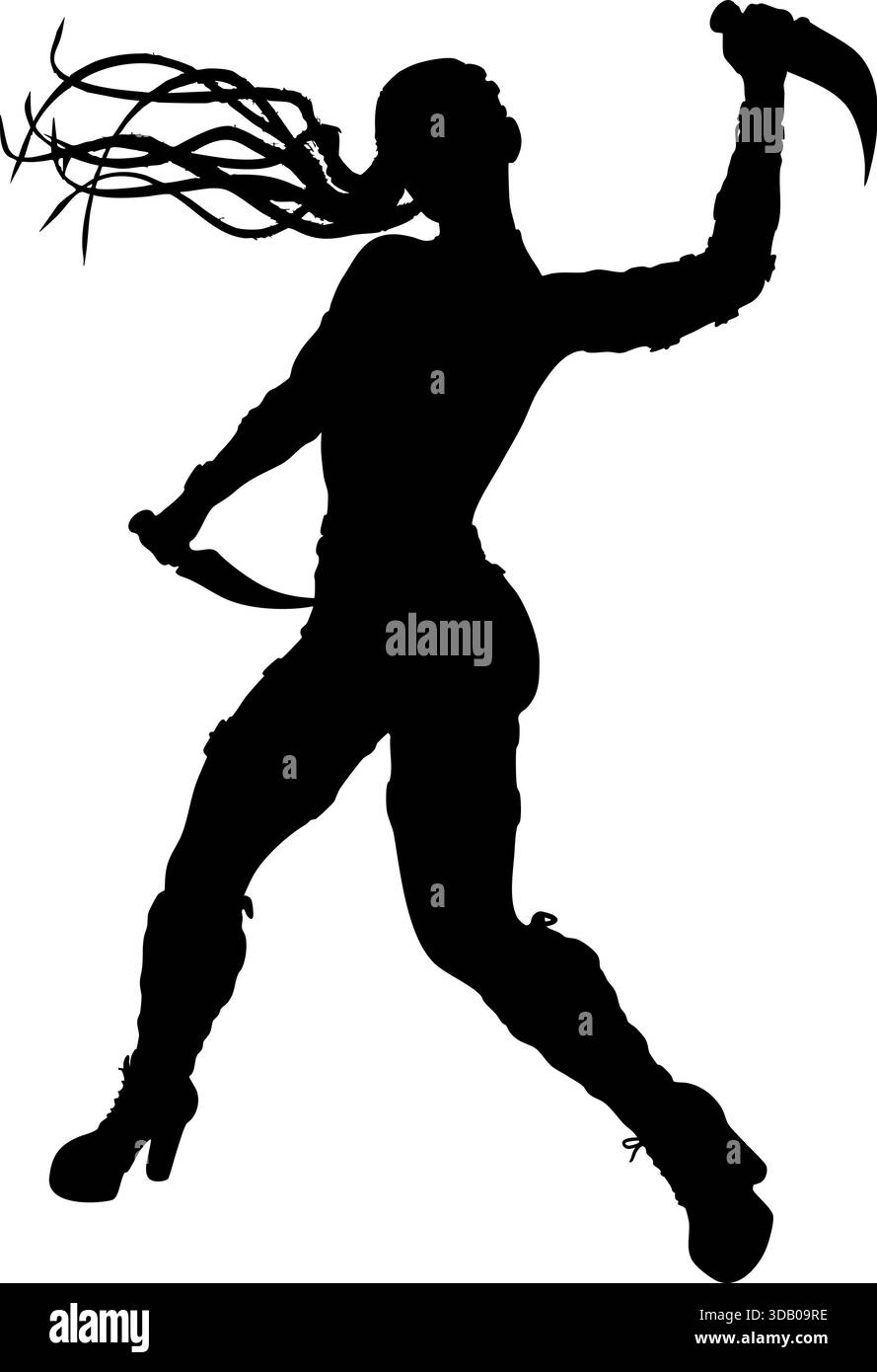 Schwarze Silhouette einer Frau, die in einer kraftvollen, dynamischen Pose mitten in Bewegung gehalten wird und auf Tanz, Kampfkunst oder sportliche Bewegung hinweist. Ideal für Fitness, Stock Vektor